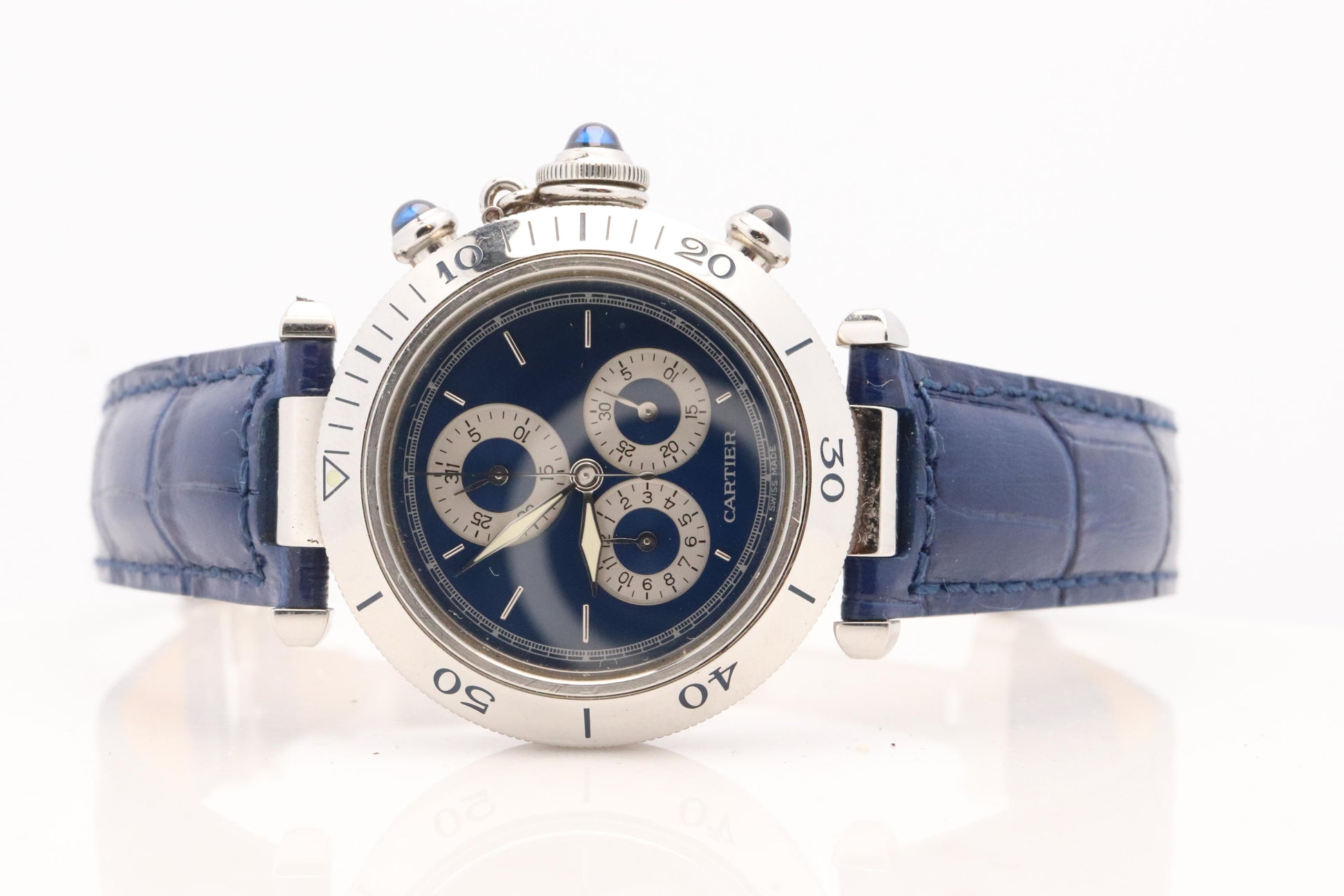 Vintage Cartier PASHA 1352 Chronograph. Rare Blue Dial.