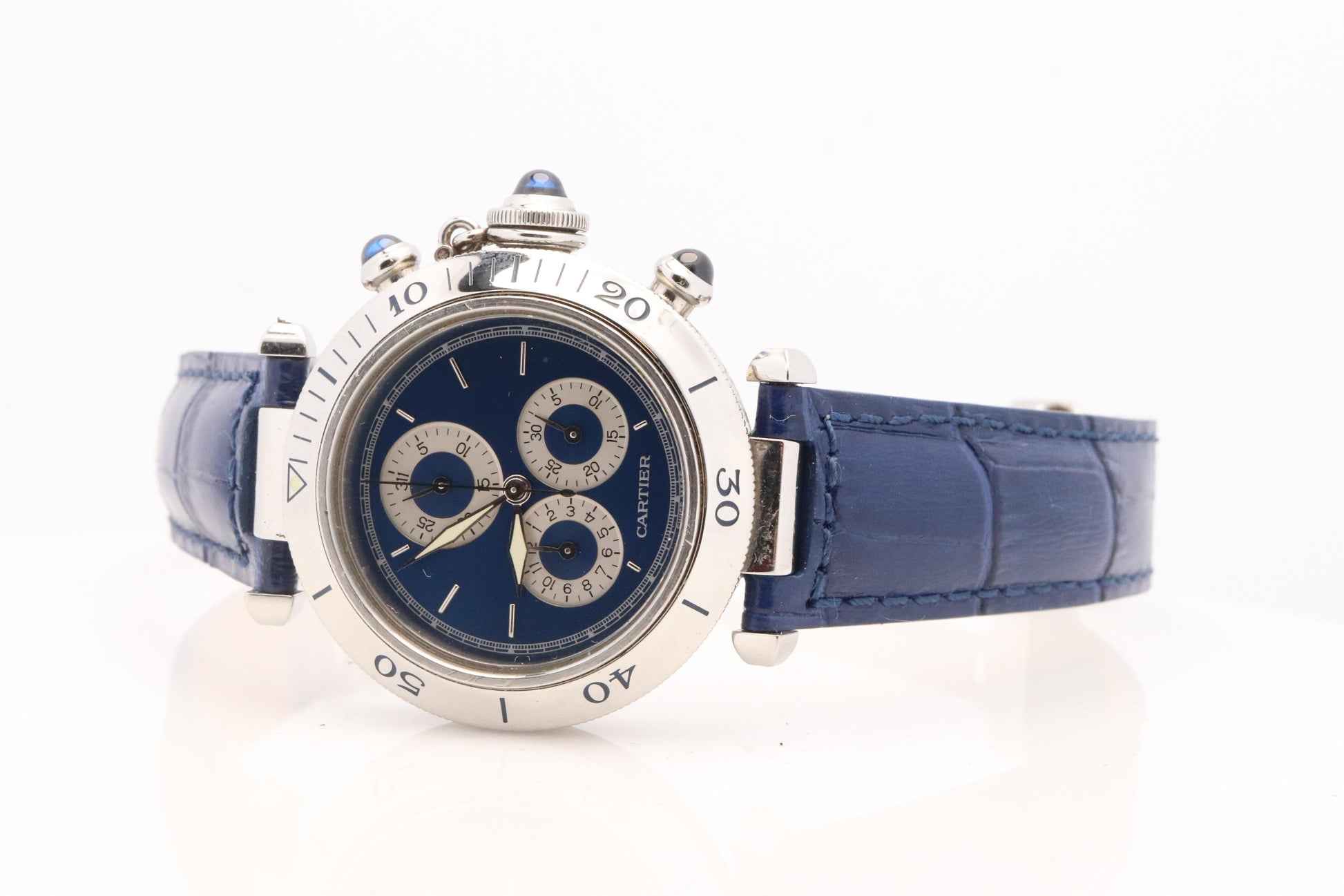 Vintage Cartier PASHA 1352 Chronograph. Rare Blue Dial.