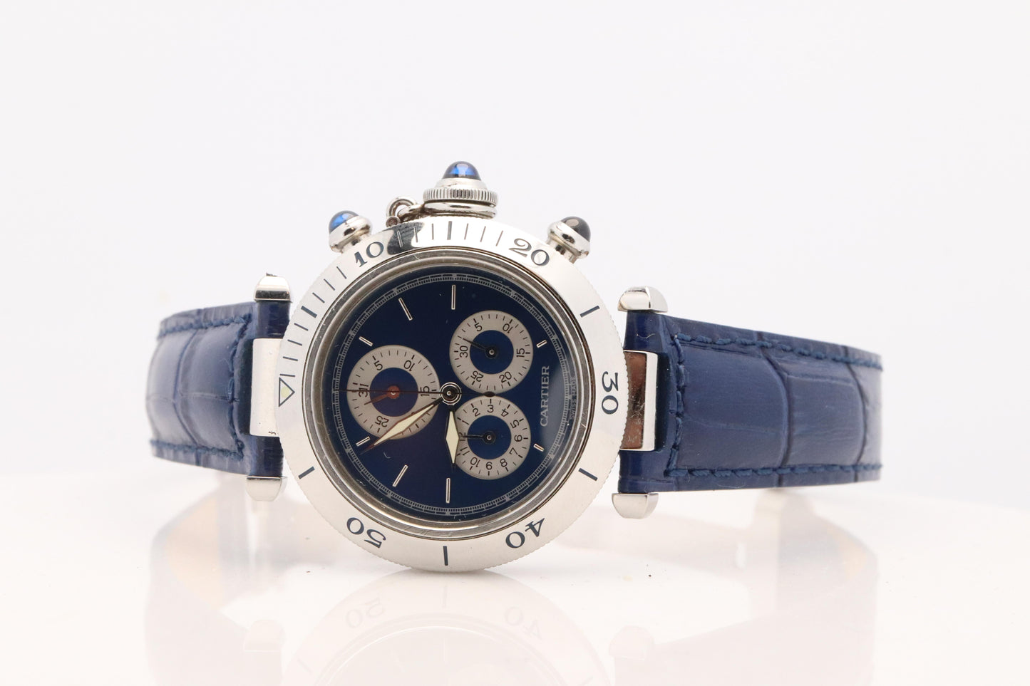 Vintage Cartier PASHA 1352 Chronograph. Rare Blue Dial.