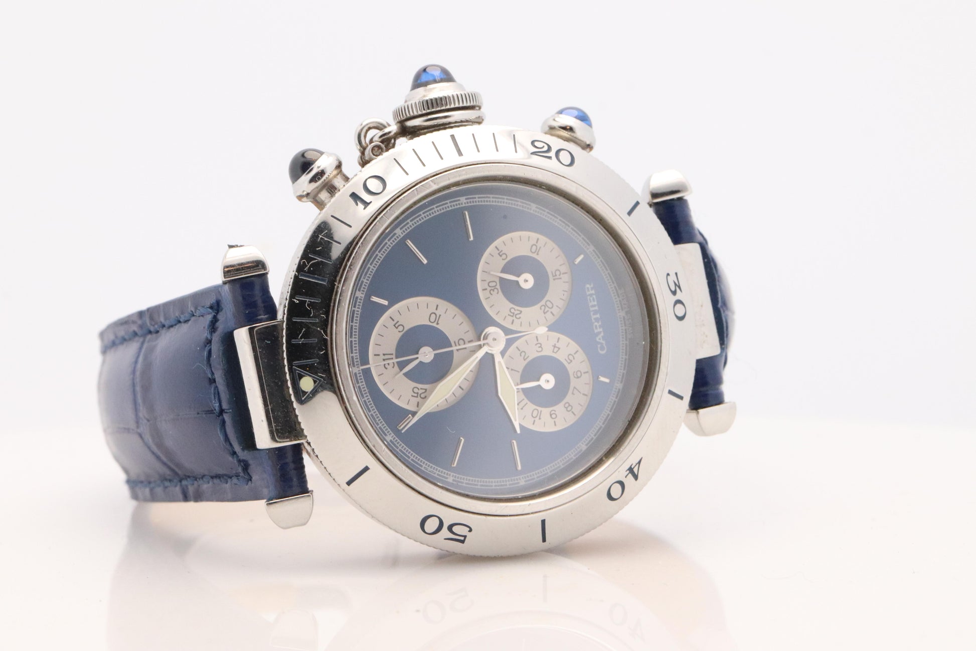 Vintage Cartier PASHA 1352 Chronograph. Rare Blue Dial.