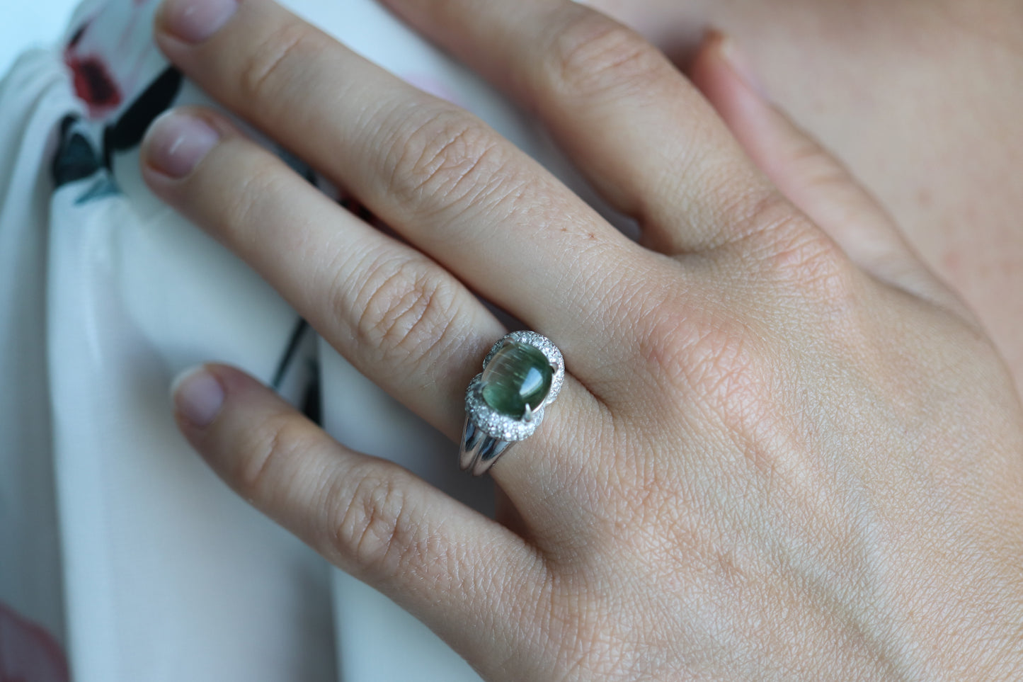 Watermelon Tourmaline ring. Platinum 900 Cat's Eye Tourmaline Cabochon with Diamond Halo ring.