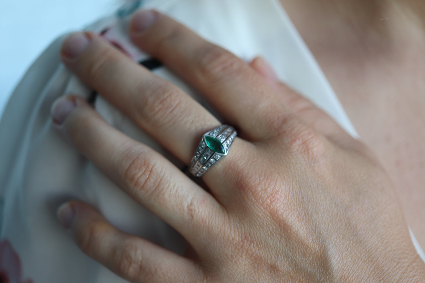 Emerald Ring. Genuine Emerald and Diamond Platinum Ring. PT900 Plat Marquise Emerald Diamond Solitaire Band.