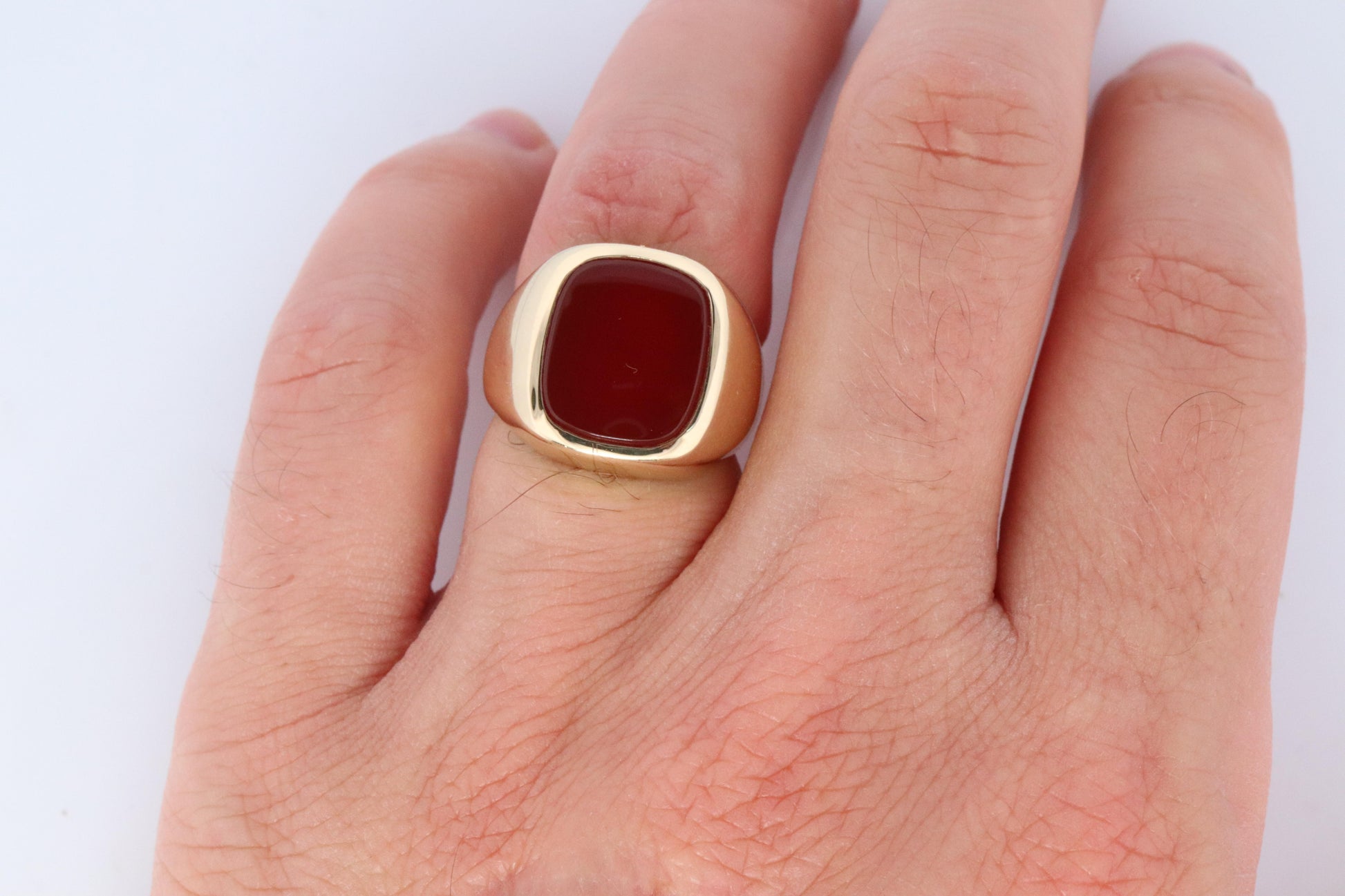 14k Modern Carnelian ring. Mens Signet Carnelian Bezel set statement ring.