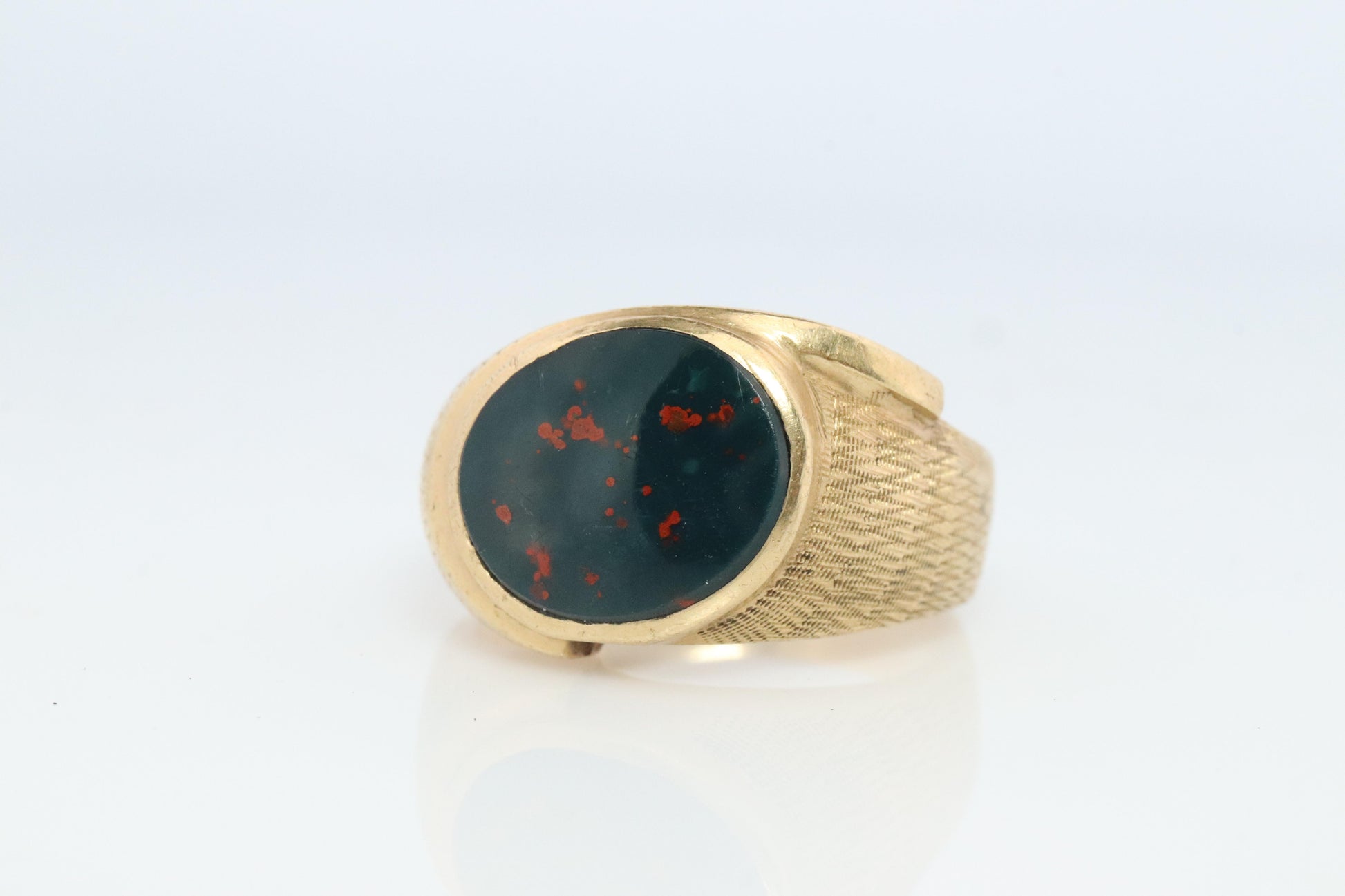 14k Bloodstone ring. Black and Red Blood stone Mens. 14k YG Blood stone Signet