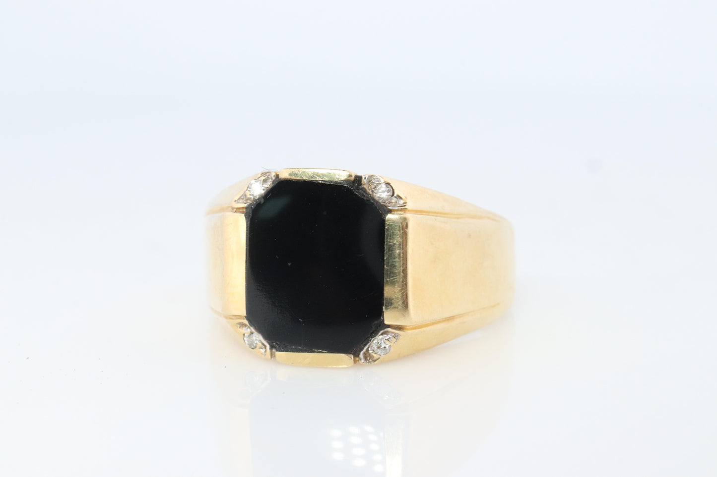 14k Gold ONYX ring. Large Onyx Diamond accents Signet ring.
