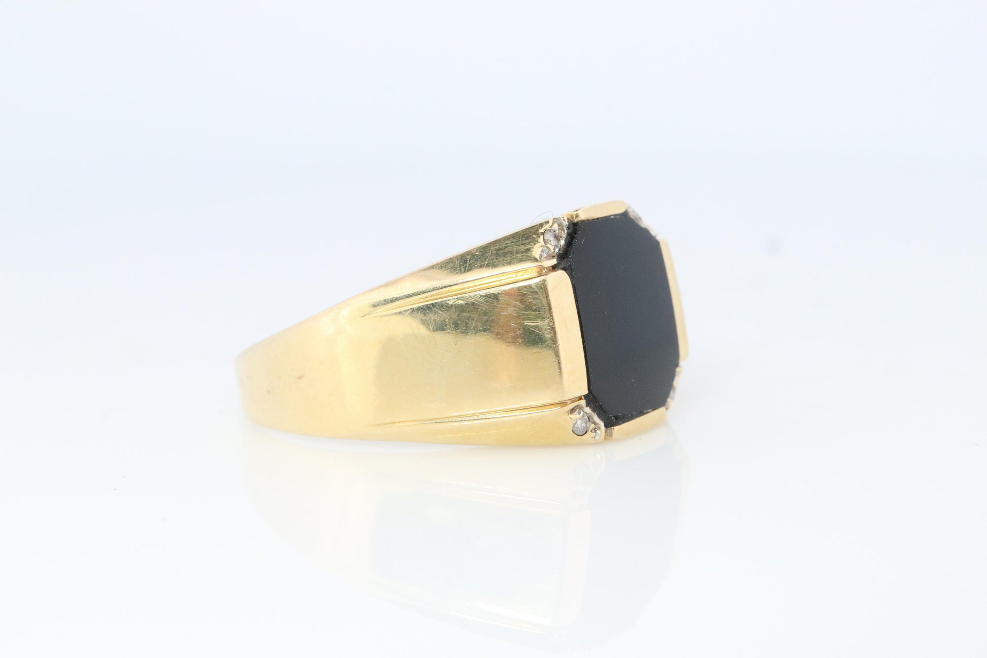 14k Gold ONYX ring. Large Onyx Diamond accents Signet ring.