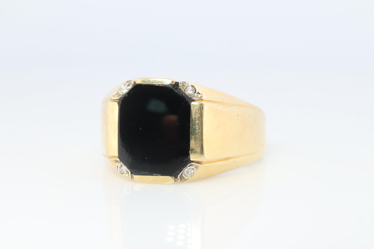 14k Gold ONYX ring. Large Onyx Diamond accents Signet ring.