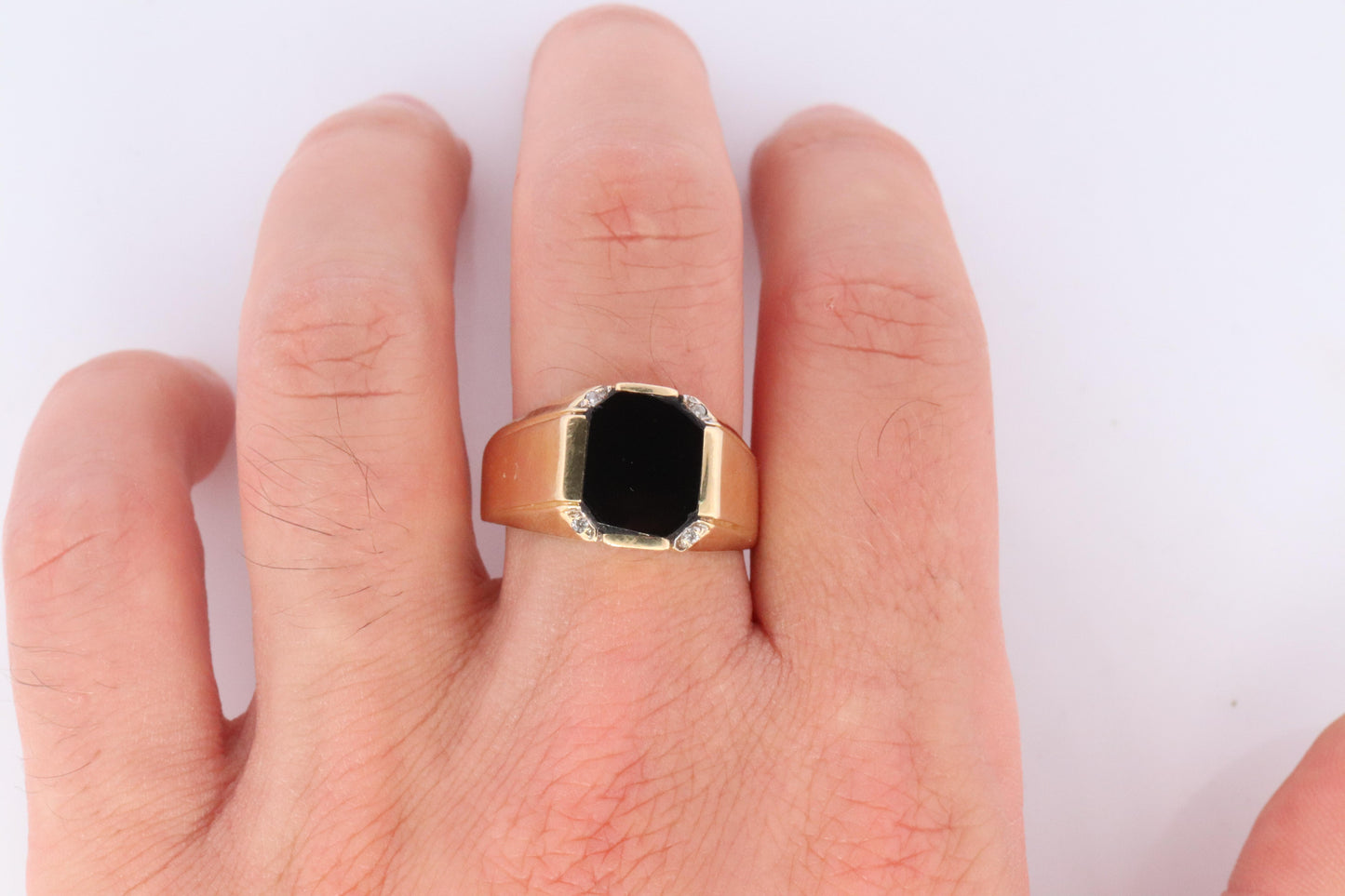 14k Gold ONYX ring. Large Onyx Diamond accents Signet ring.