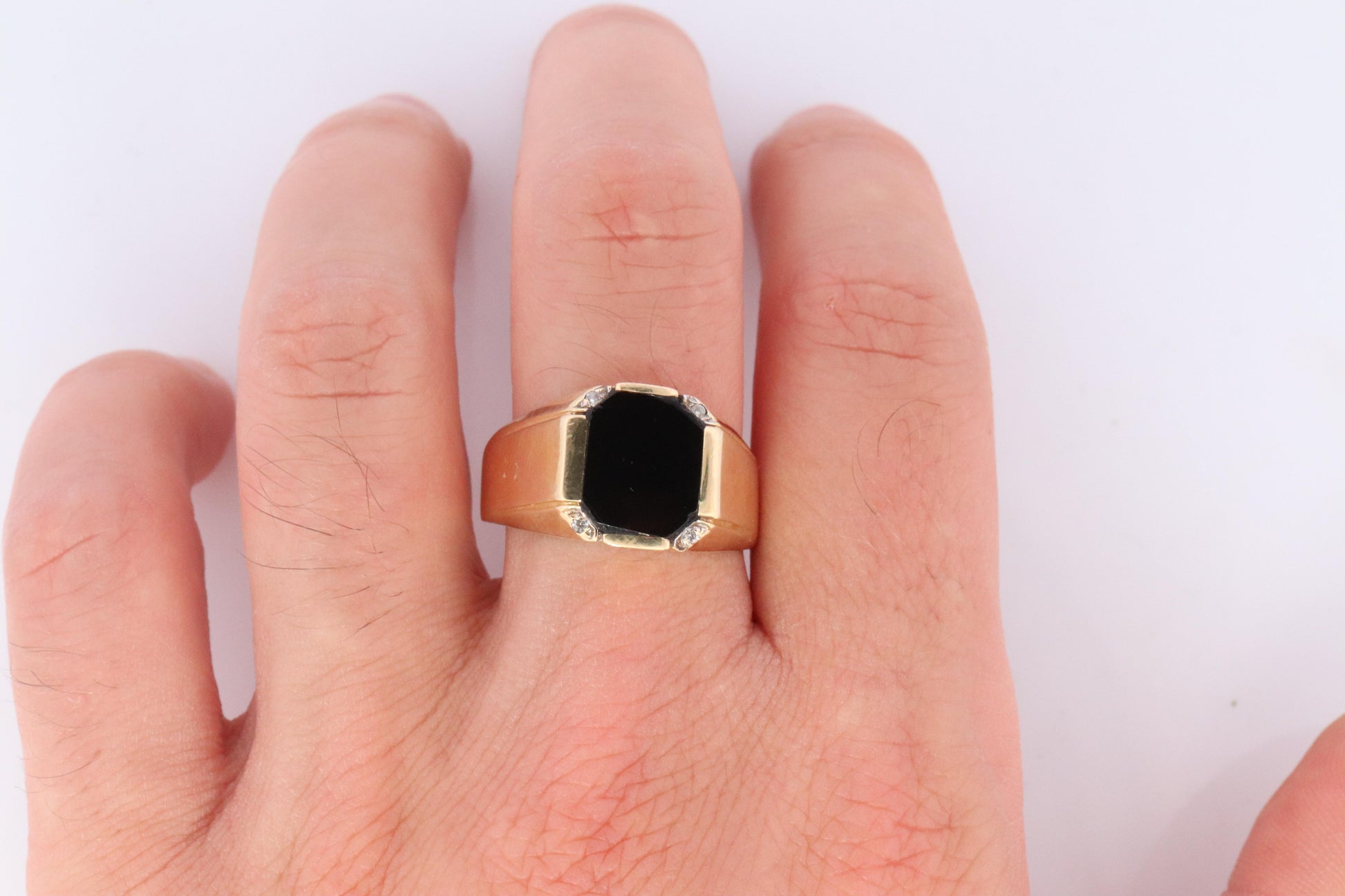 14k Gold ONYX ring. Large Onyx Diamond accents Signet ring.
