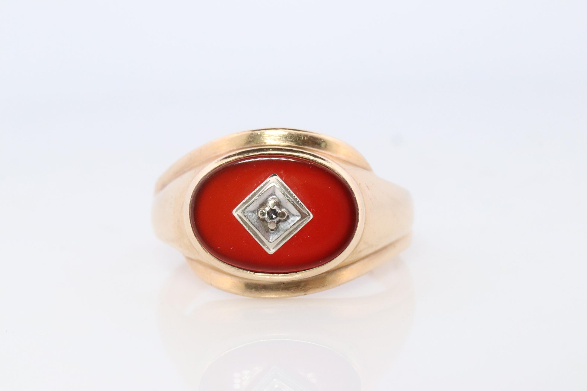 10k Carnelian Diamond ring. Mens Signet Carnelian Bezel set statement ring.