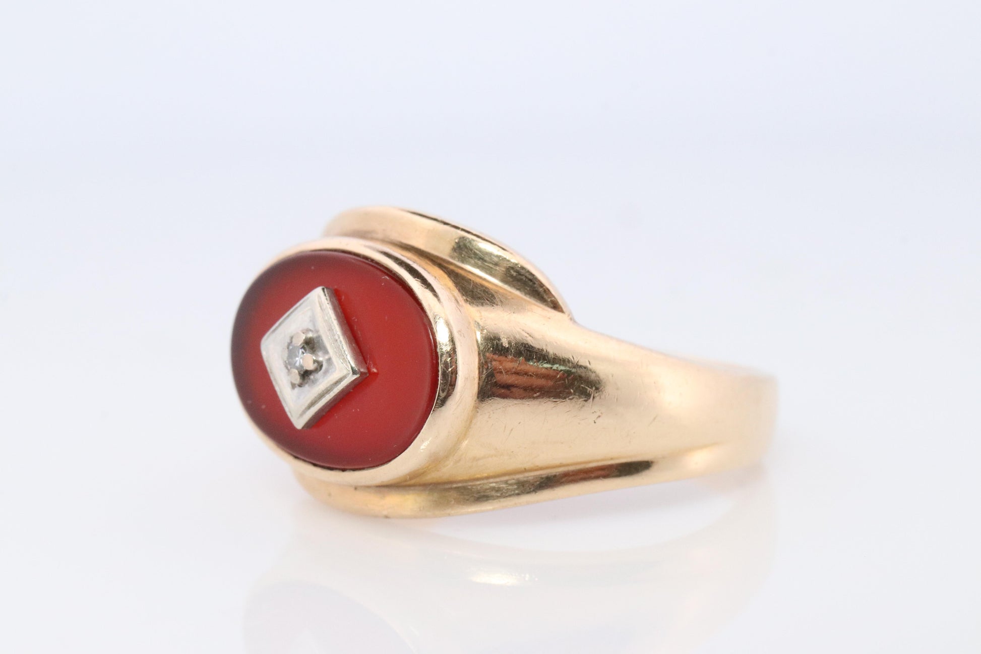 10k Carnelian Diamond ring. Mens Signet Carnelian Bezel set statement ring.