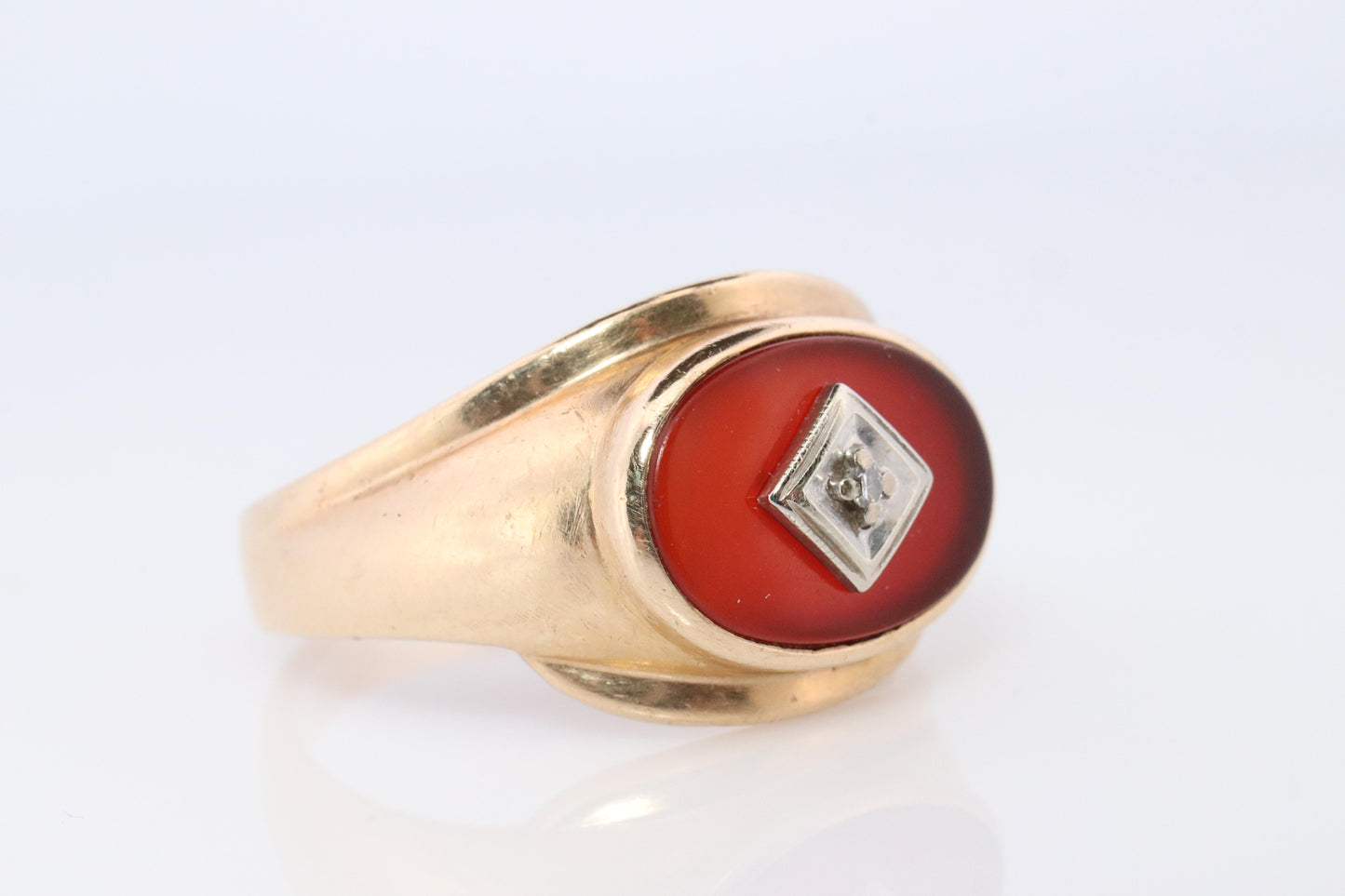 10k Carnelian Diamond ring. Mens Signet Carnelian Bezel set statement ring.