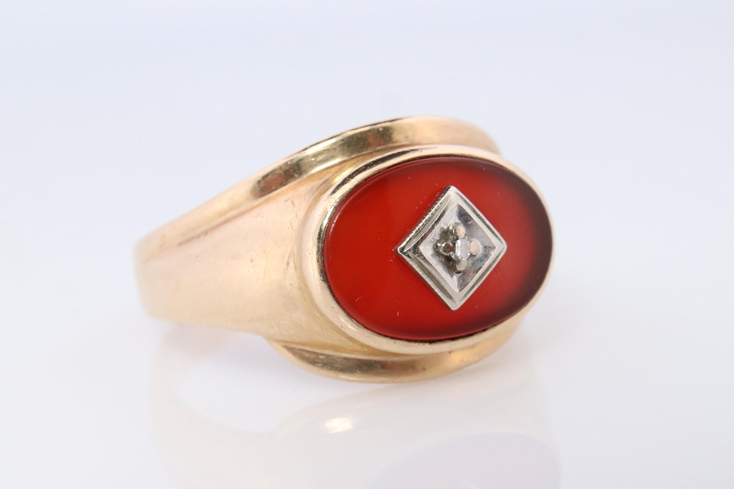 10k Carnelian Diamond ring. Mens Signet Carnelian Bezel set statement ring.