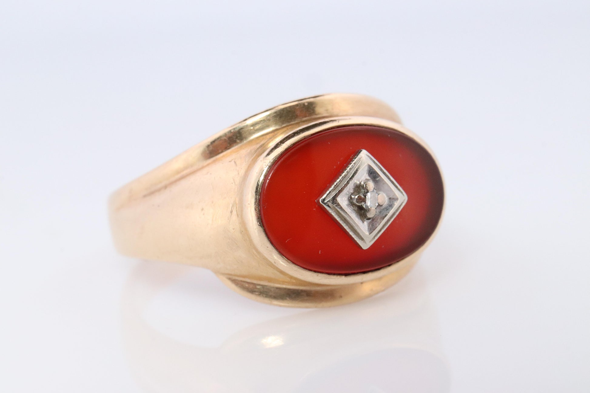 10k Carnelian Diamond ring. Mens Signet Carnelian Bezel set statement ring.