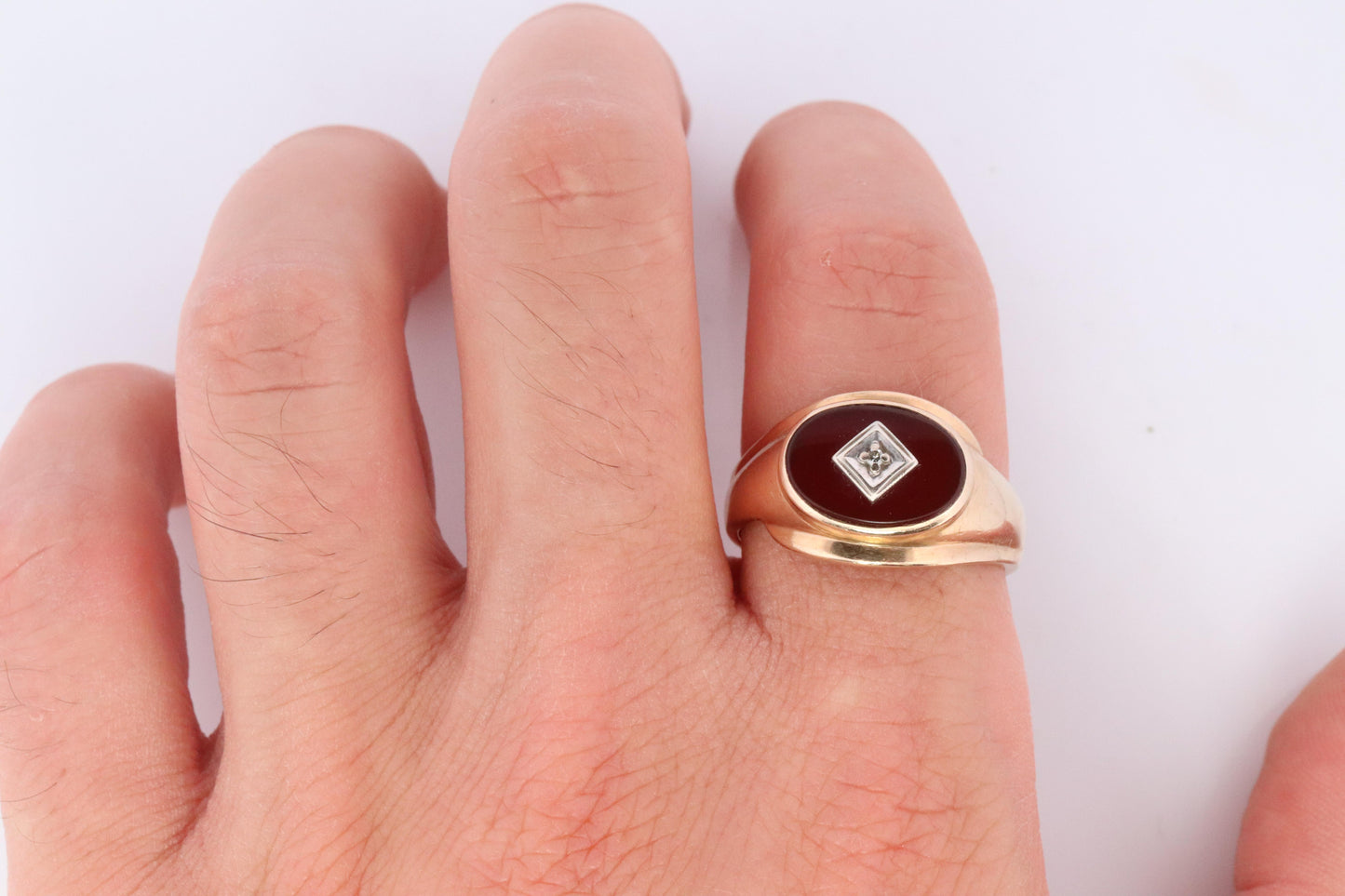 10k Carnelian Diamond ring. Mens Signet Carnelian Bezel set statement ring.