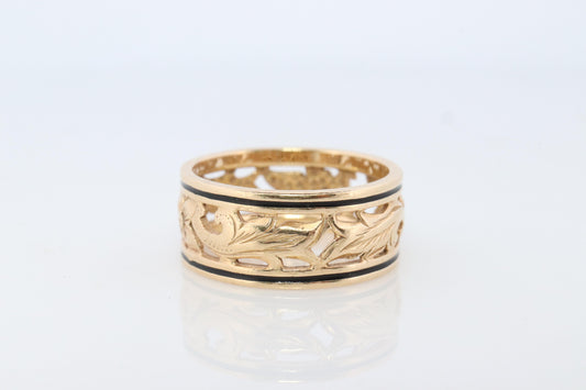 14k Wide Filigree Daisy Ornate band.  Vintage Flower Embossed Engraved design.