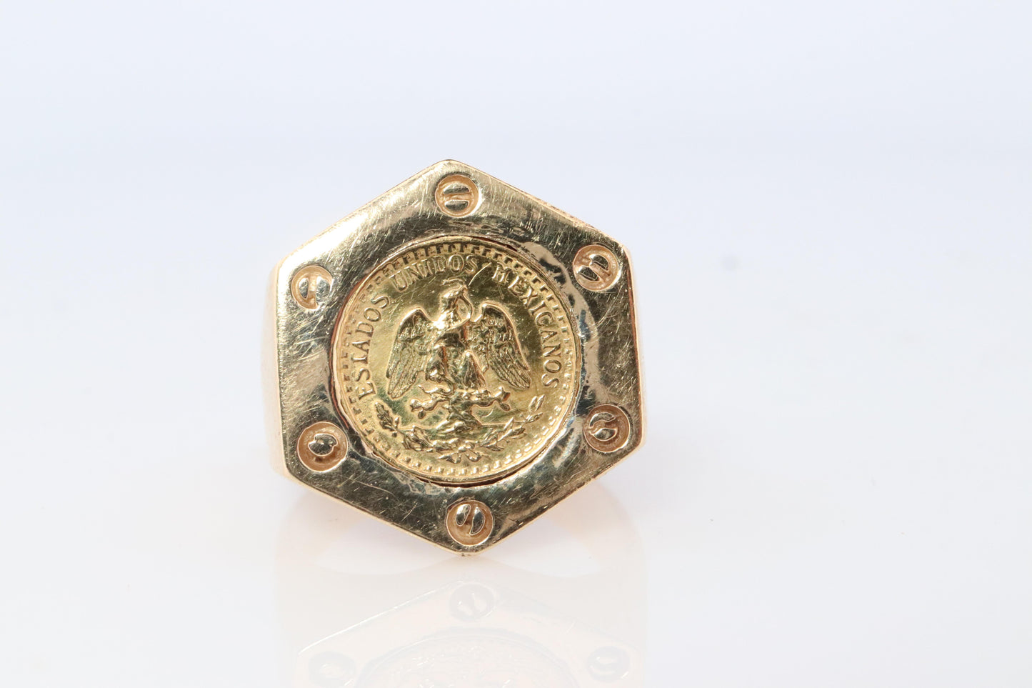 14k Gold Signet Ring with a 22k 1945 Dos Pesos Mexican Coin Bezel set.