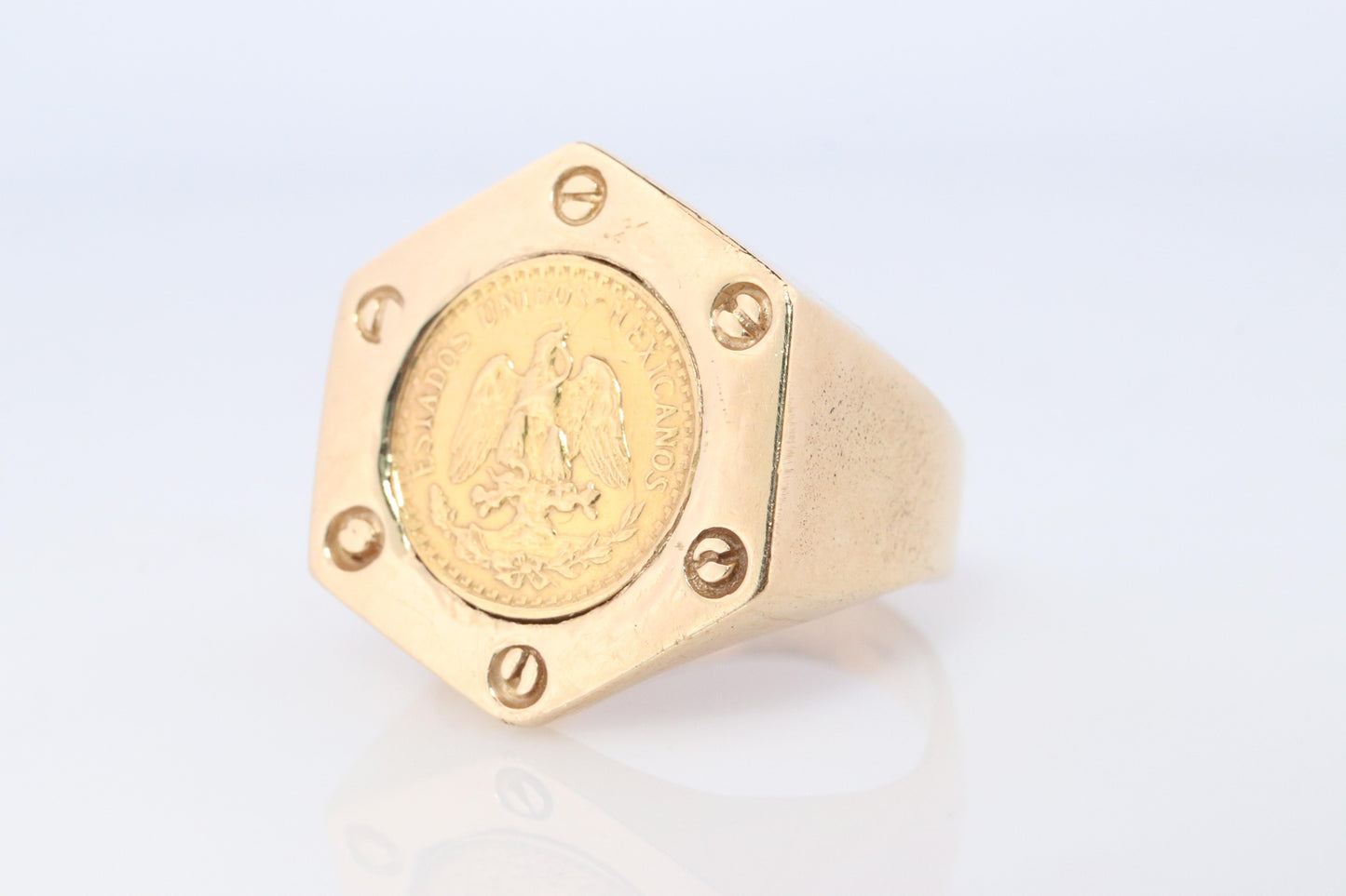 14k Gold Signet Ring with a 22k 1945 Dos Pesos Mexican Coin Bezel set.