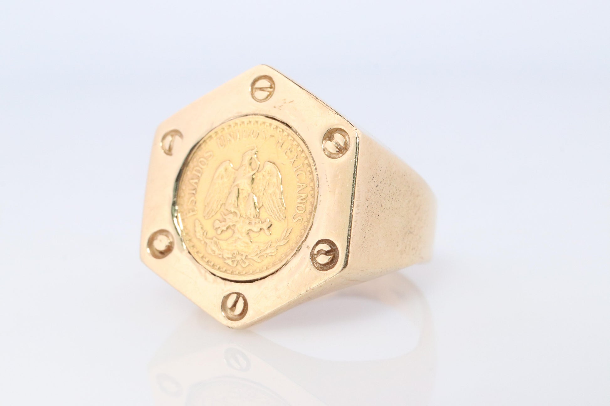 14k Gold Signet Ring with a 22k 1945 Dos Pesos Mexican Coin Bezel set.