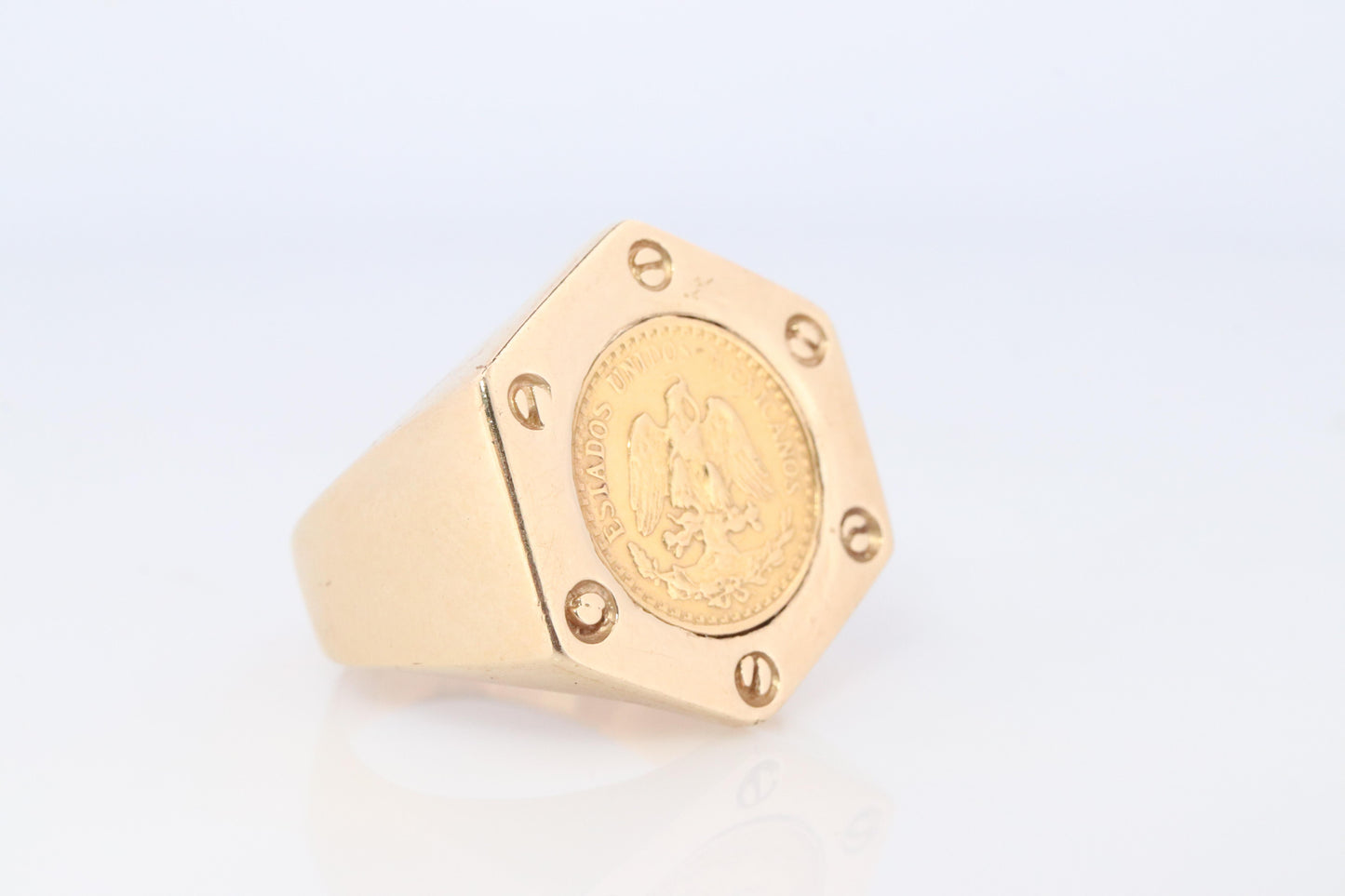 14k Gold Signet Ring with a 22k 1945 Dos Pesos Mexican Coin Bezel set.