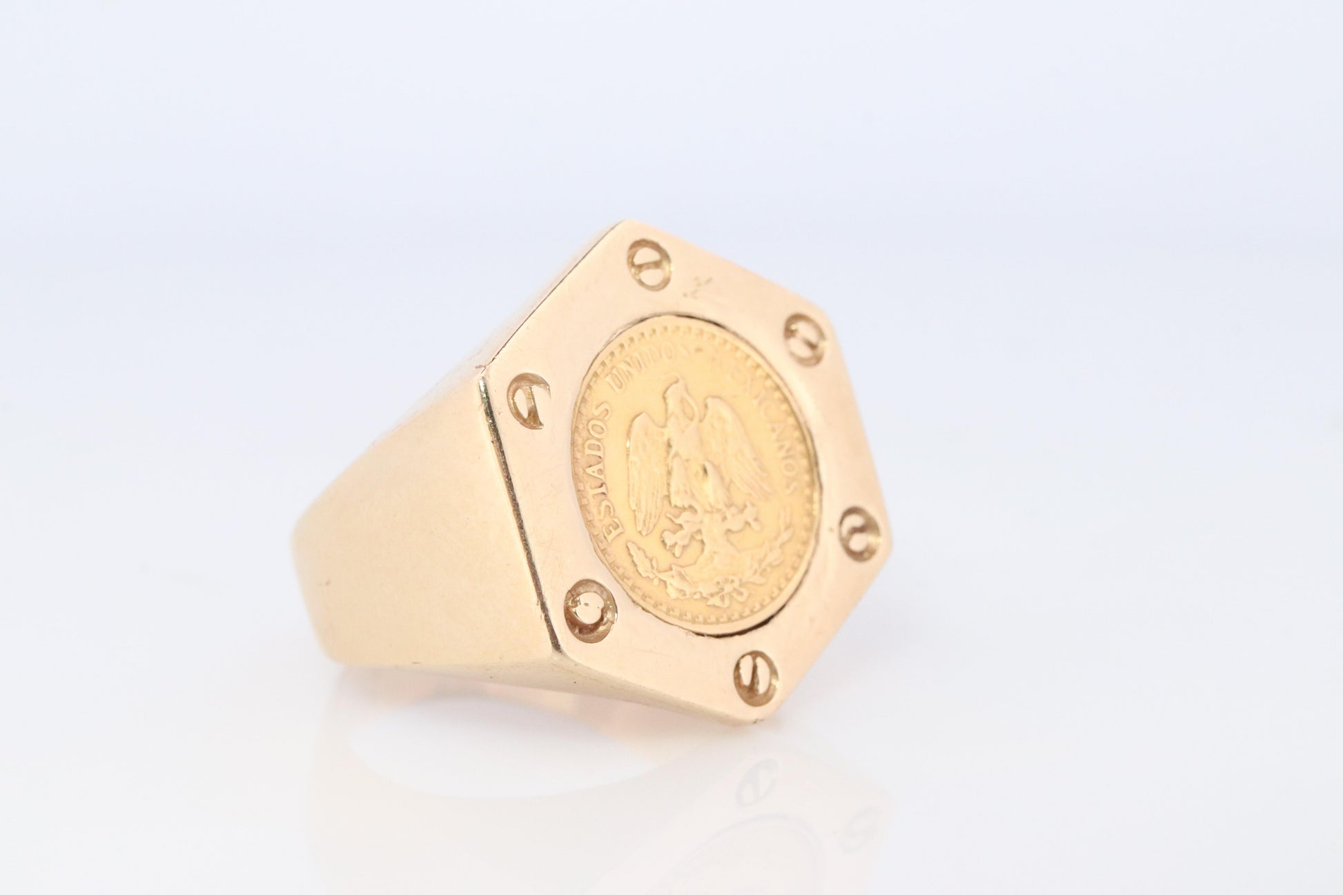 14k Gold Signet Ring with a 22k 1945 Dos Pesos Mexican Coin Bezel set.