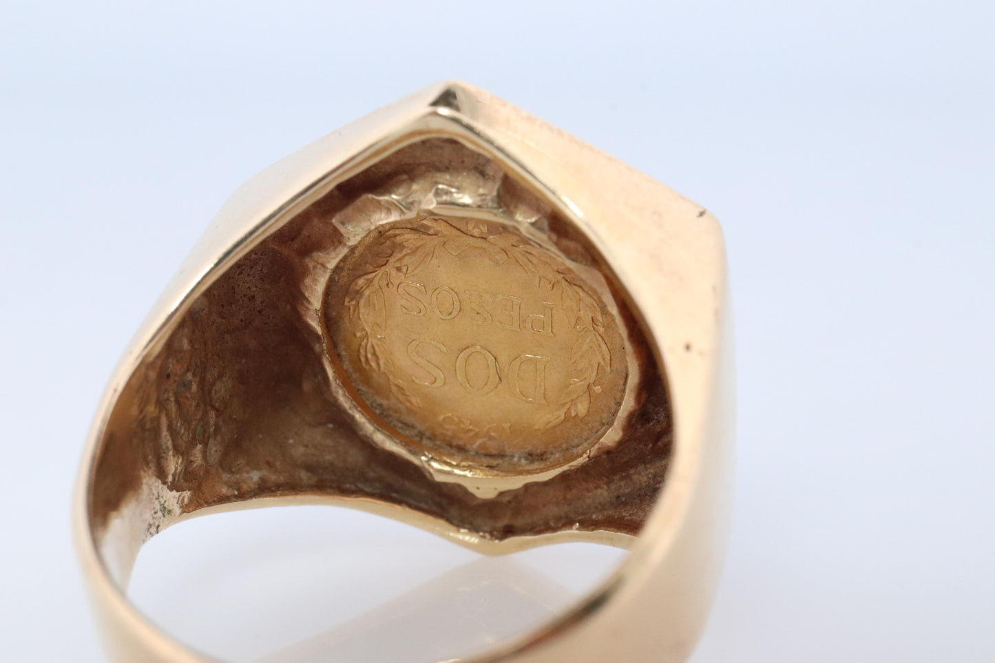 14k Gold Signet Ring with a 22k 1945 Dos Pesos Mexican Coin Bezel set.