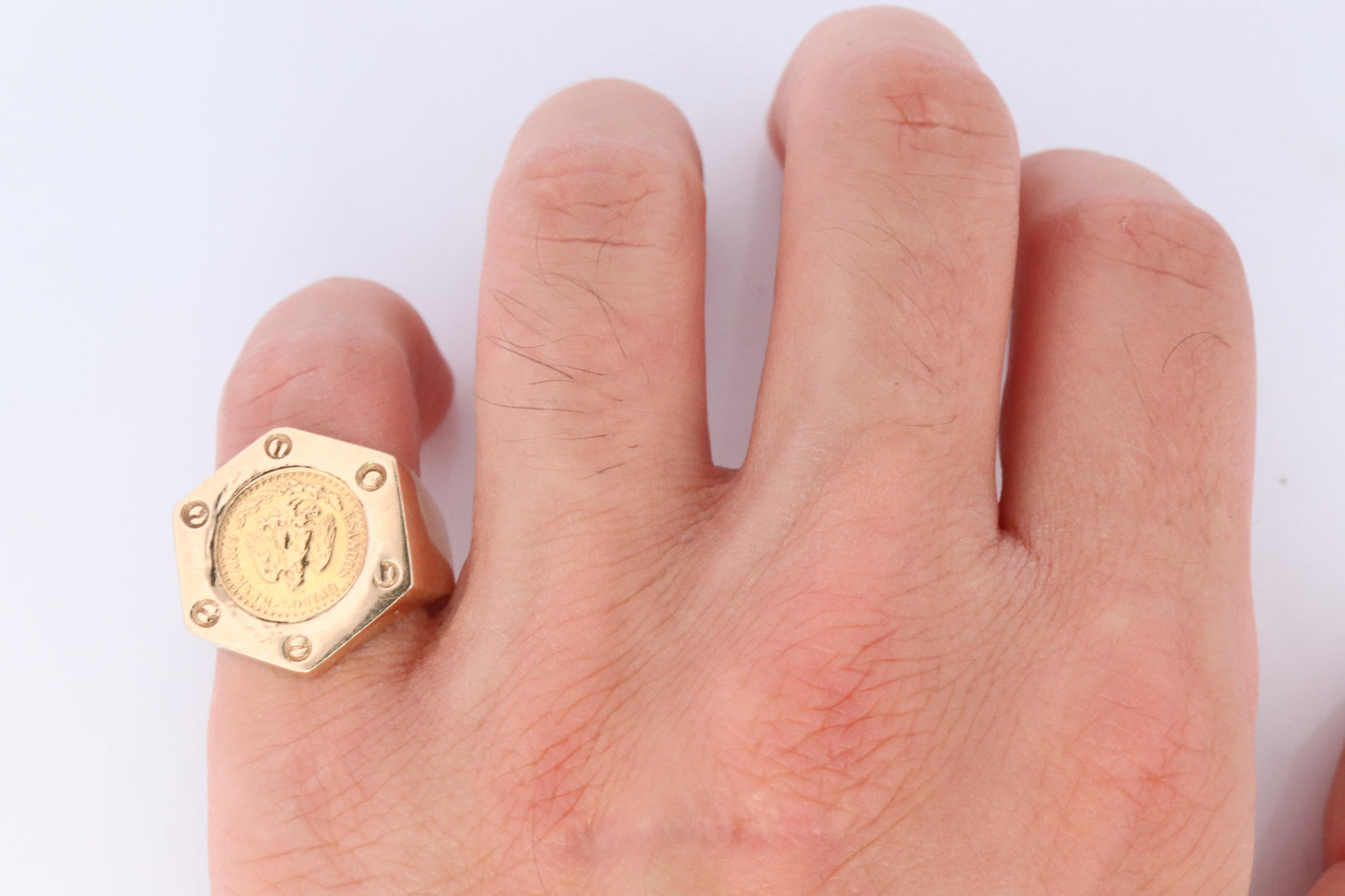 14k Gold Signet Ring with a 22k 1945 Dos Pesos Mexican Coin Bezel set.
