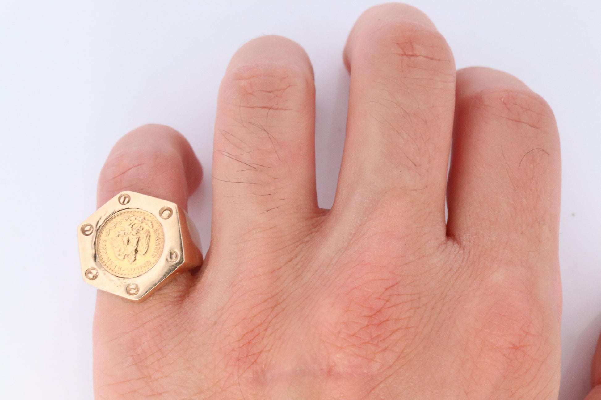 14k Gold Signet Ring with a 22k 1945 Dos Pesos Mexican Coin Bezel set.