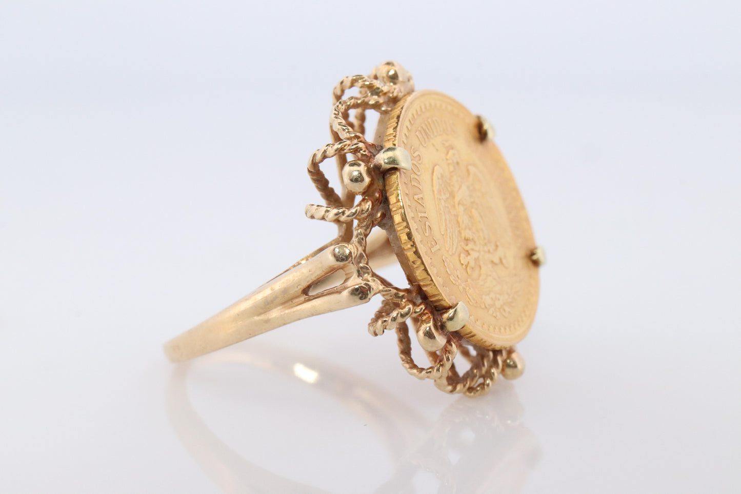 14k Gold Signet Ring with a 22k Dos Pesos Mexican Coin Bezel set.