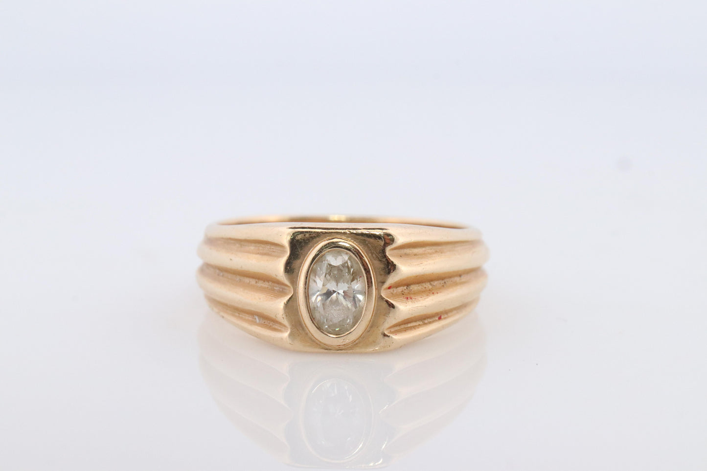 14k Oval Genuine Diamond Solitaire Ring. Ornate Oval Bezel Gypsy Set.