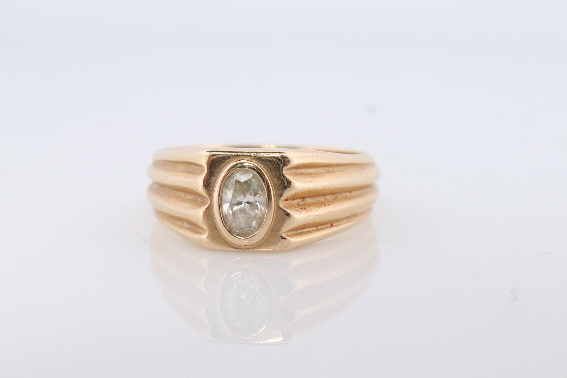 14k Oval Genuine Diamond Solitaire Ring. Ornate Oval Bezel Gypsy Set.