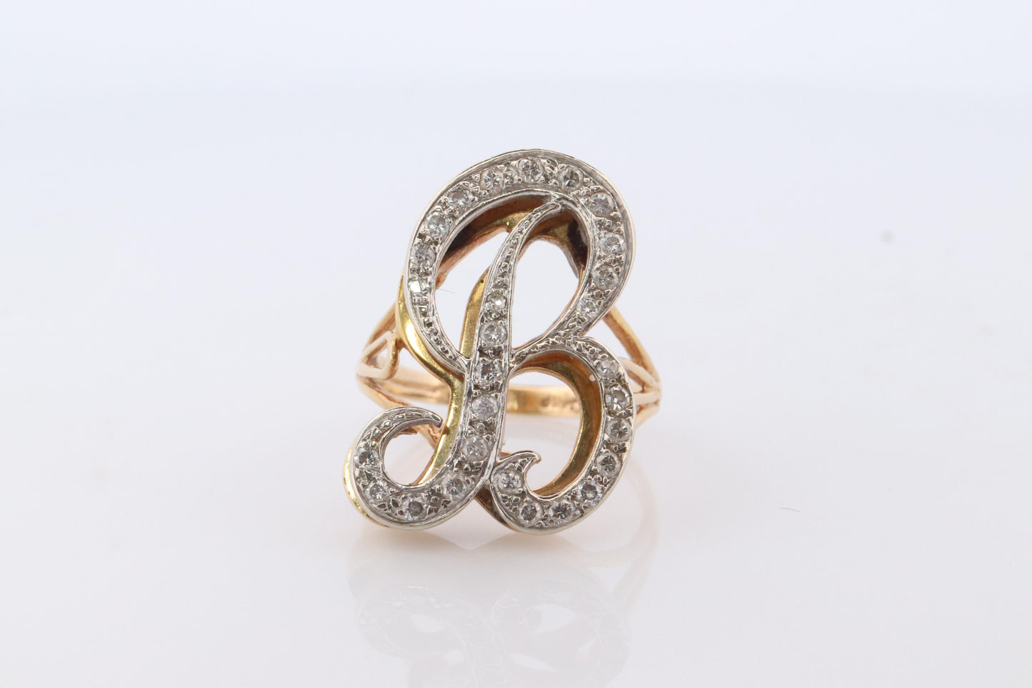 Custom Letter B diamond ring. Cursive Letter B 14k Yellow Gold Ring.