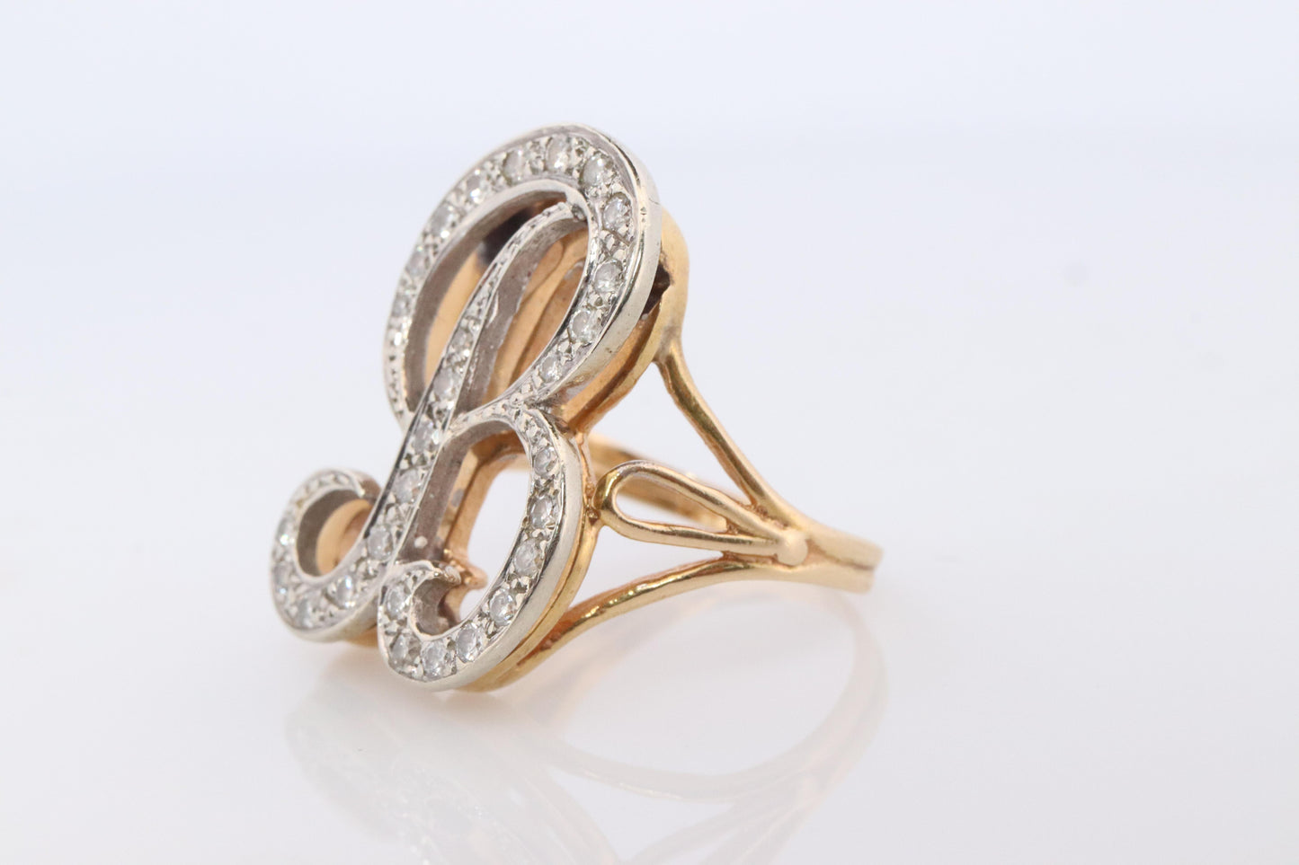 Custom Letter B diamond ring. Cursive Letter B 14k Yellow Gold Ring.