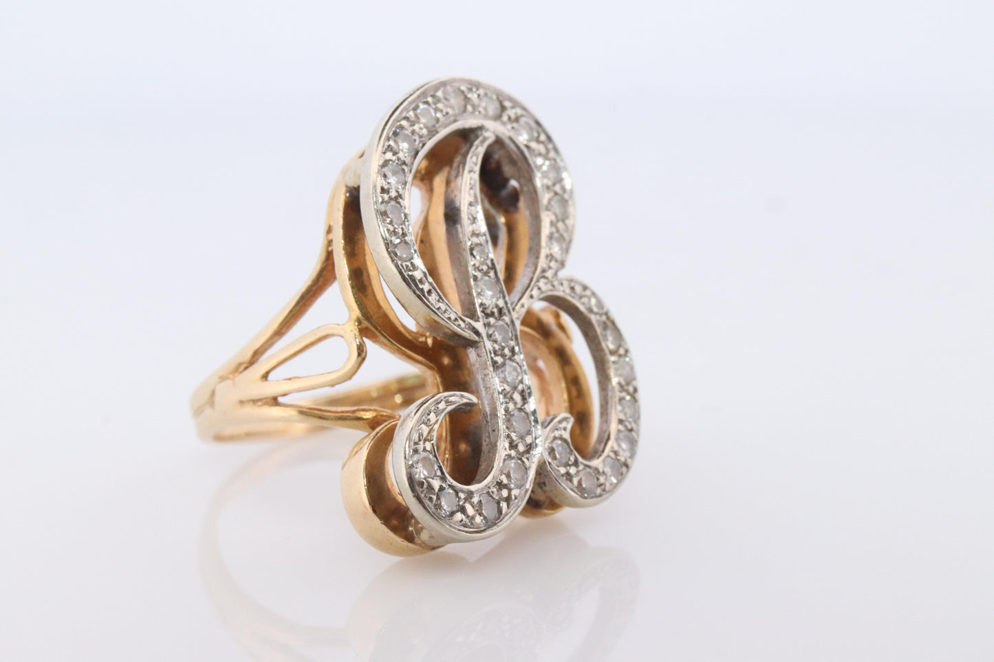 Custom Letter B diamond ring. Cursive Letter B 14k Yellow Gold Ring.