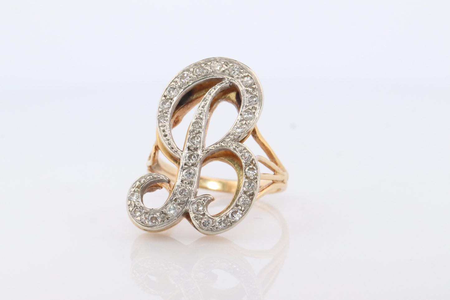 Custom Letter B diamond ring. Cursive Letter B 14k Yellow Gold Ring.