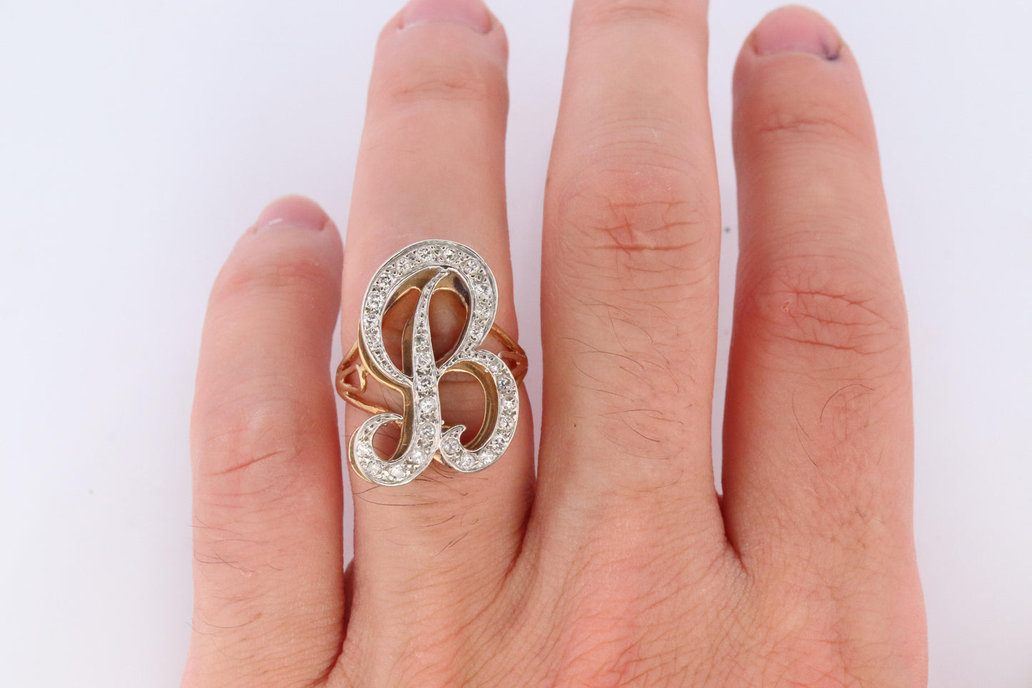 Custom Letter B diamond ring. Cursive Letter B 14k Yellow Gold Ring.