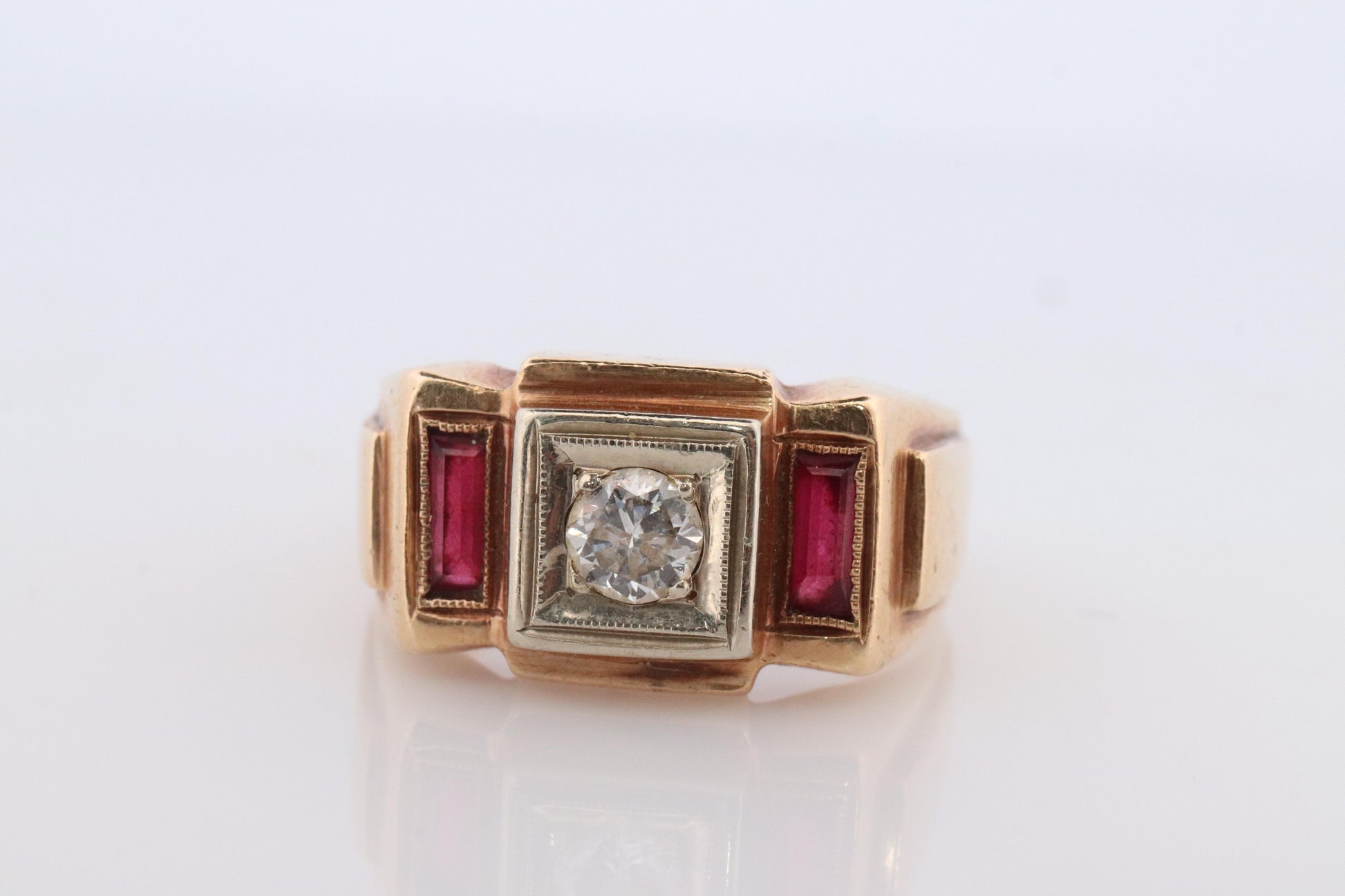 1930s 14k Triple Ruby Diamond signet ring. Art Deco Diamond Ruby Band