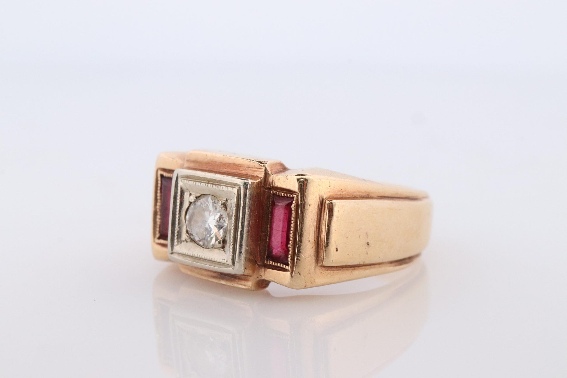 1930s 14k Triple Ruby Diamond signet ring. Art Deco Diamond Ruby Band