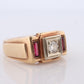 1930s 14k Triple Ruby Diamond signet ring. Art Deco Diamond Ruby Band