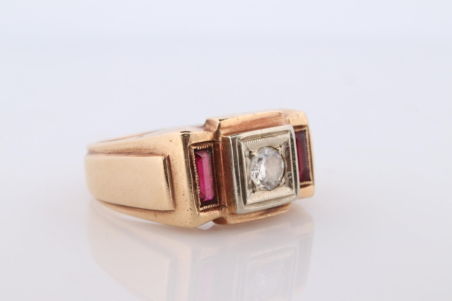 1930s 14k Triple Ruby Diamond signet ring. Art Deco Diamond Ruby Band