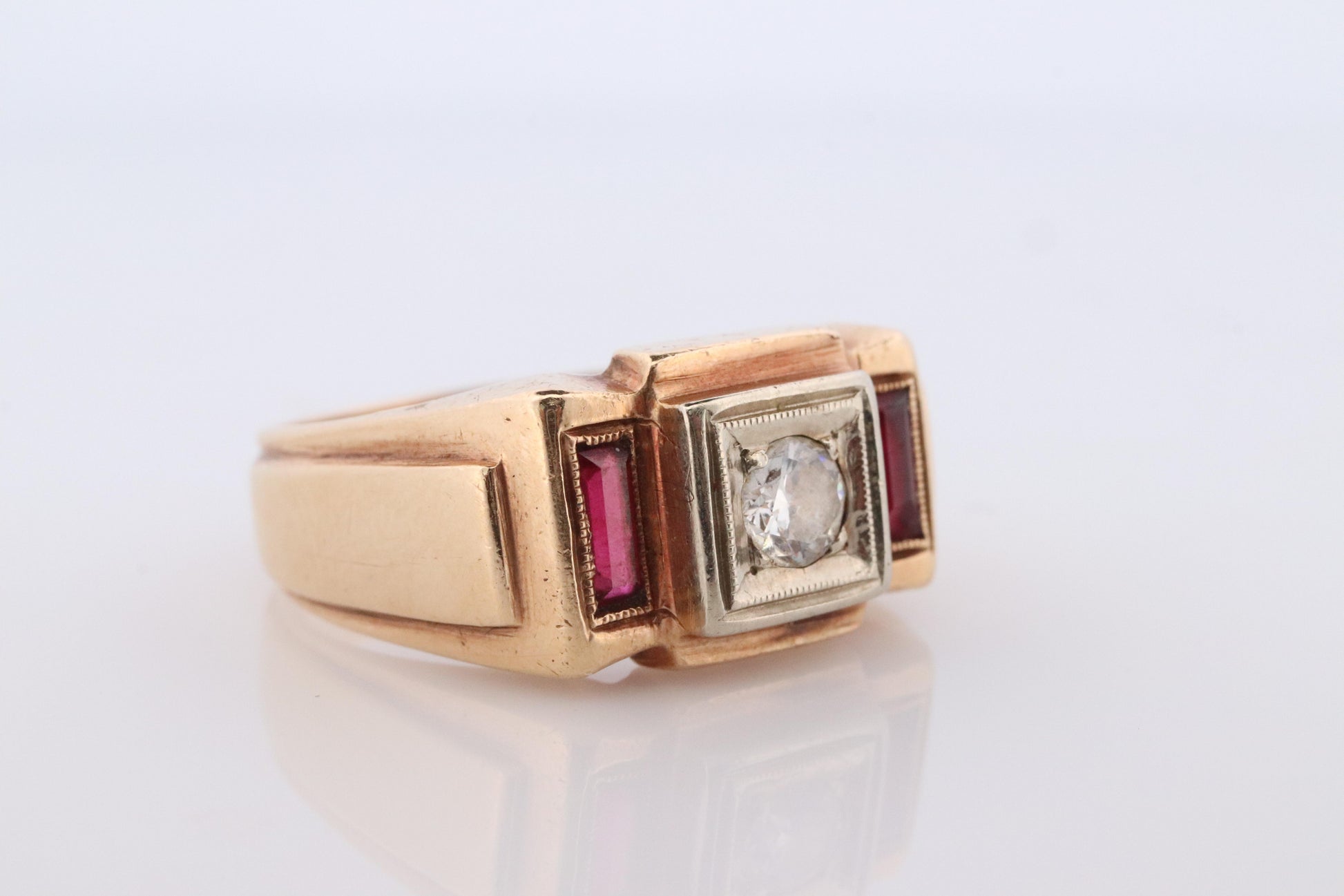 1930s 14k Triple Ruby Diamond signet ring. Art Deco Diamond Ruby Band