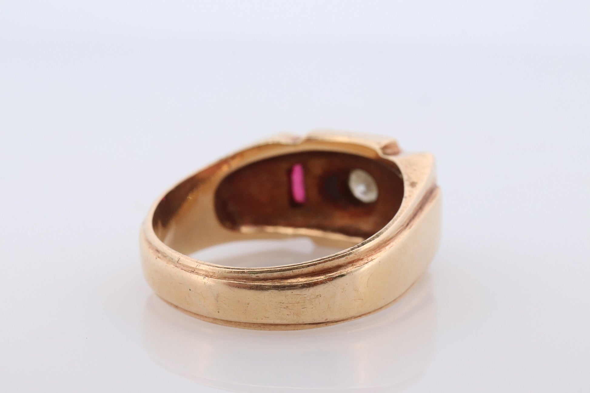 1930s 14k Triple Ruby Diamond signet ring. Art Deco Diamond Ruby Band