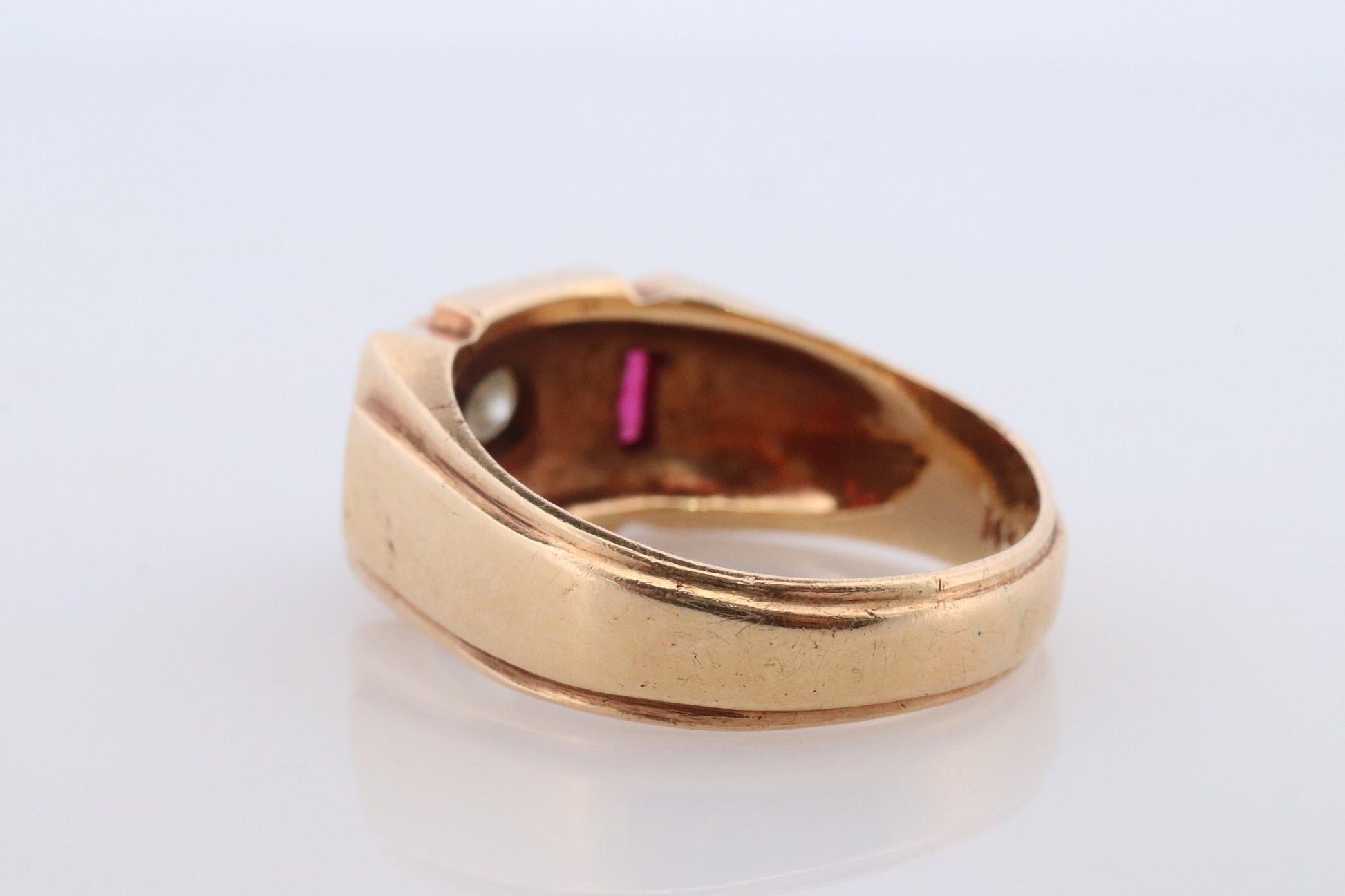 1930s 14k Triple Ruby Diamond signet ring. Art Deco Diamond Ruby Band