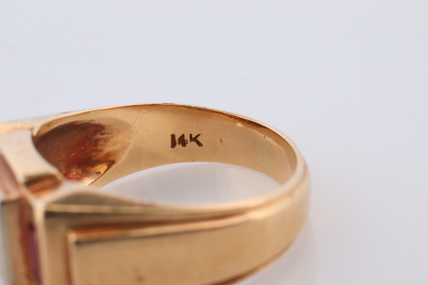 1930s 14k Triple Ruby Diamond signet ring. Art Deco Diamond Ruby Band