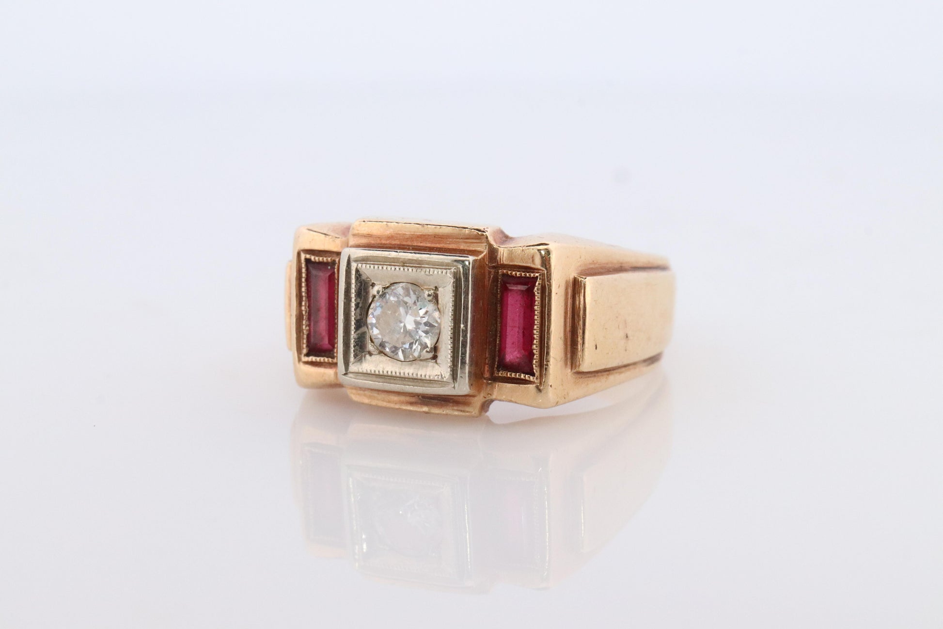 1930s 14k Triple Ruby Diamond signet ring. Art Deco Diamond Ruby Band