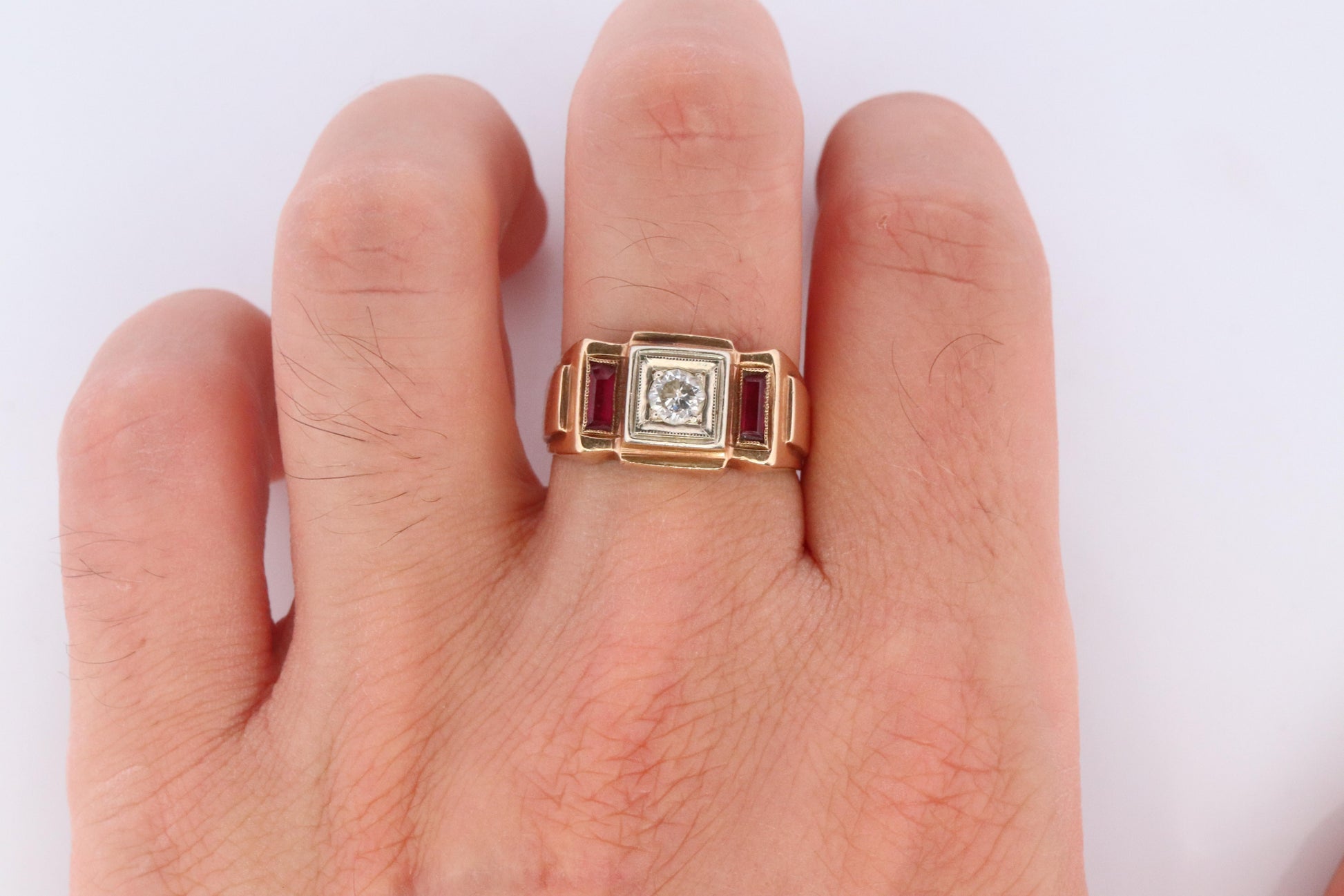 1930s 14k Triple Ruby Diamond signet ring. Art Deco Diamond Ruby Band