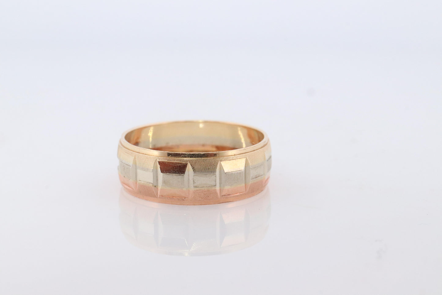14k Wide band. Tricolor Gold Ring. White Yellow Rose Gold Textured band