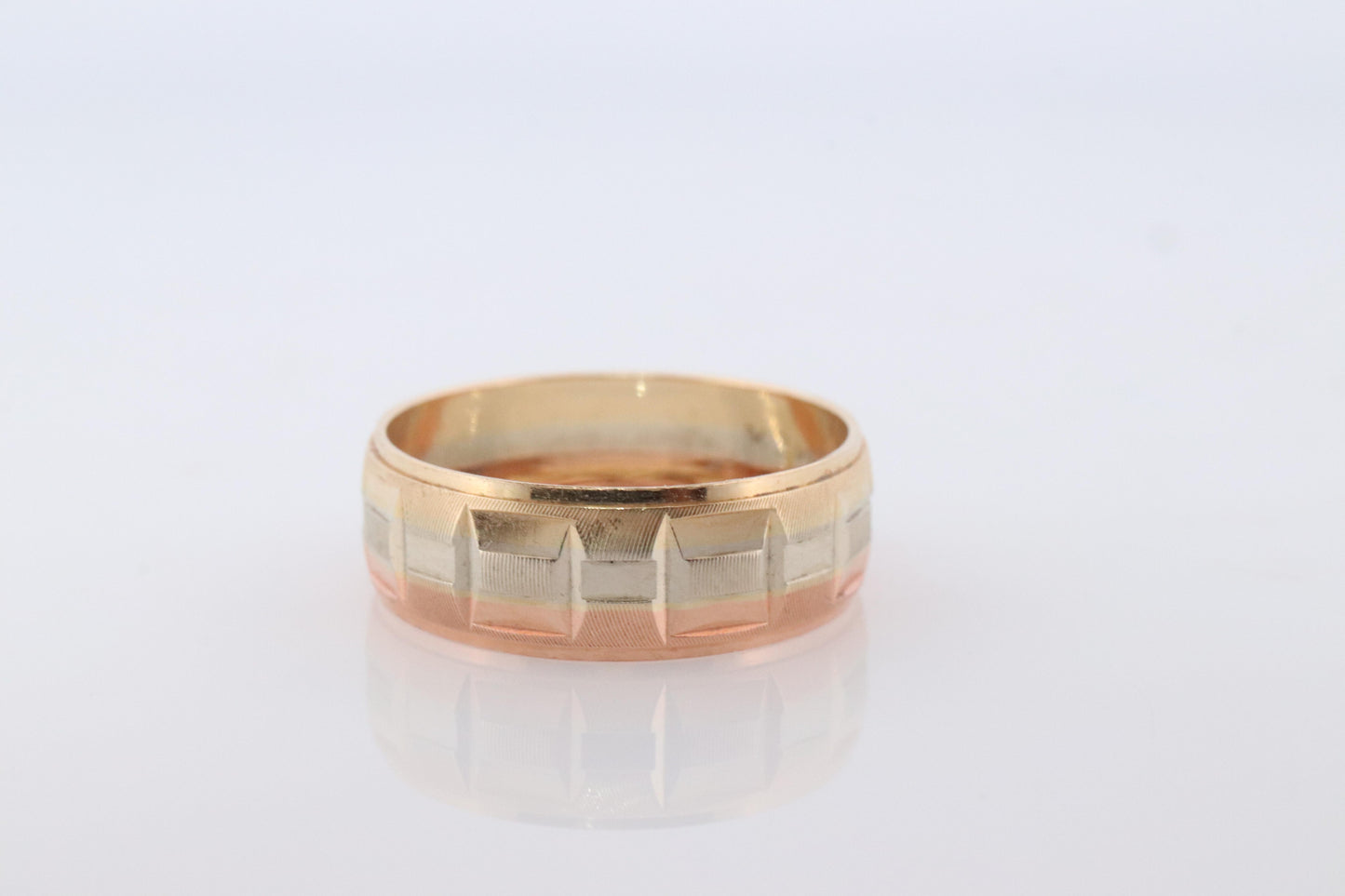14k Wide band. Tricolor Gold Ring. White Yellow Rose Gold Textured band
