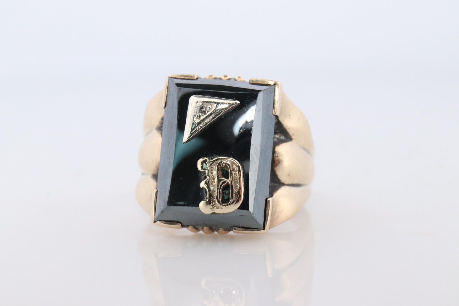 10k Custom Letter D Initial Ring. 10k Mens Hematite and Diamond signet ring.