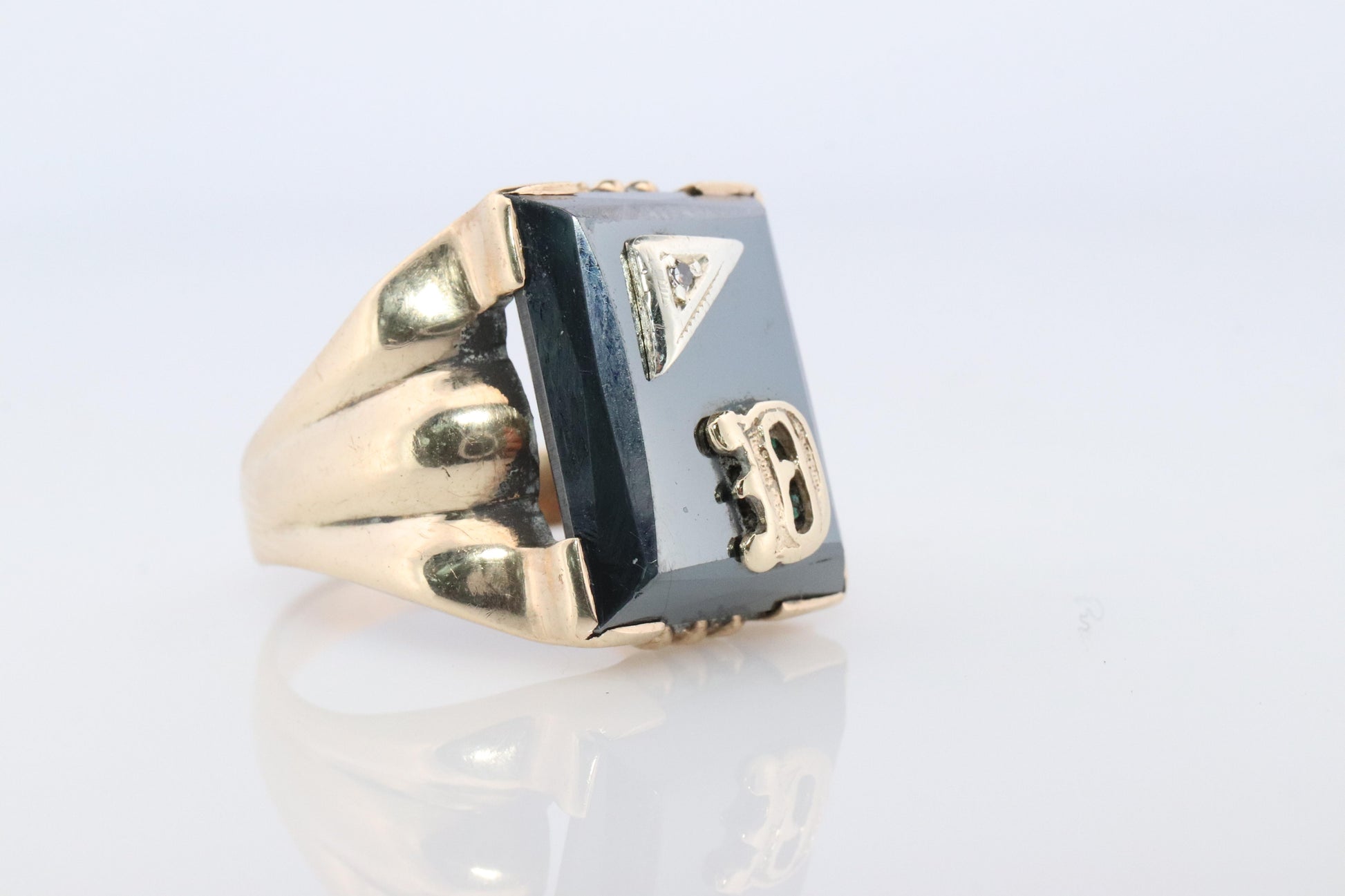 10k Custom Letter D Initial Ring. 10k Mens Hematite and Diamond signet ring.